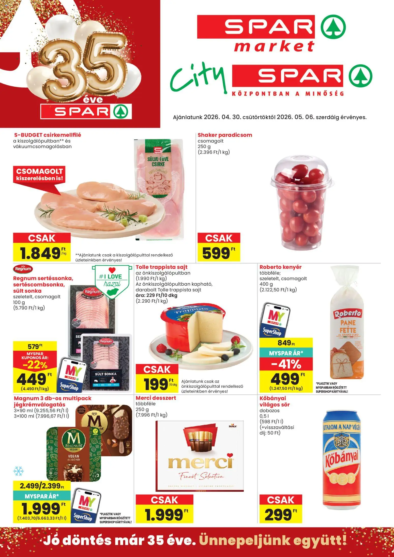 Spar Market akciós ujság - amely érvényes a következő dátumtól: 30.04.2026 | Oldal: 1 | Termékek: Kenyér, Sör, Vegán, Trappista sajt