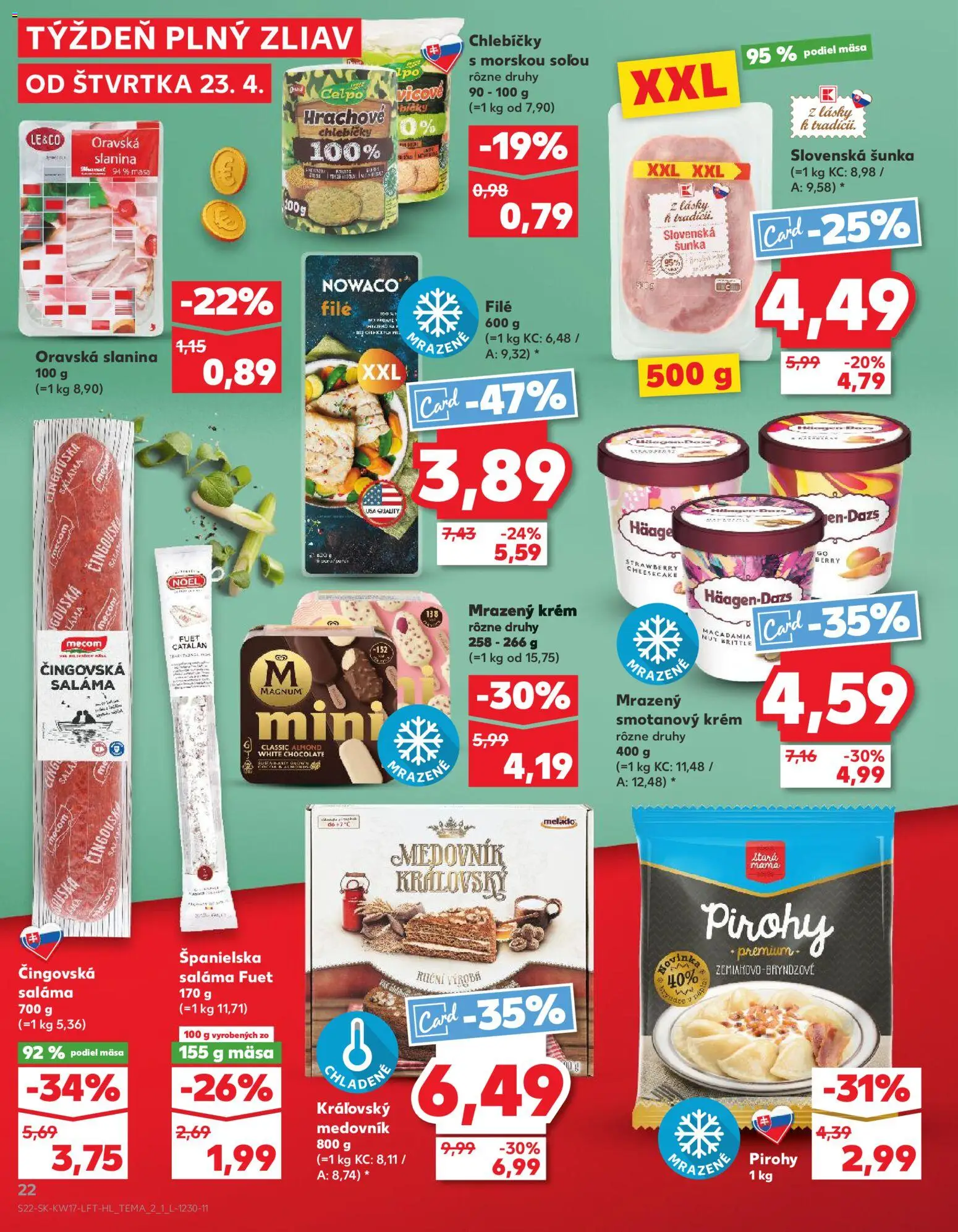 Nové Kaufland akcie – leták je platný od 23.04.2026 | Strana: 22 | Produkty: Pirohy, Saláma, Slanina, Magnum