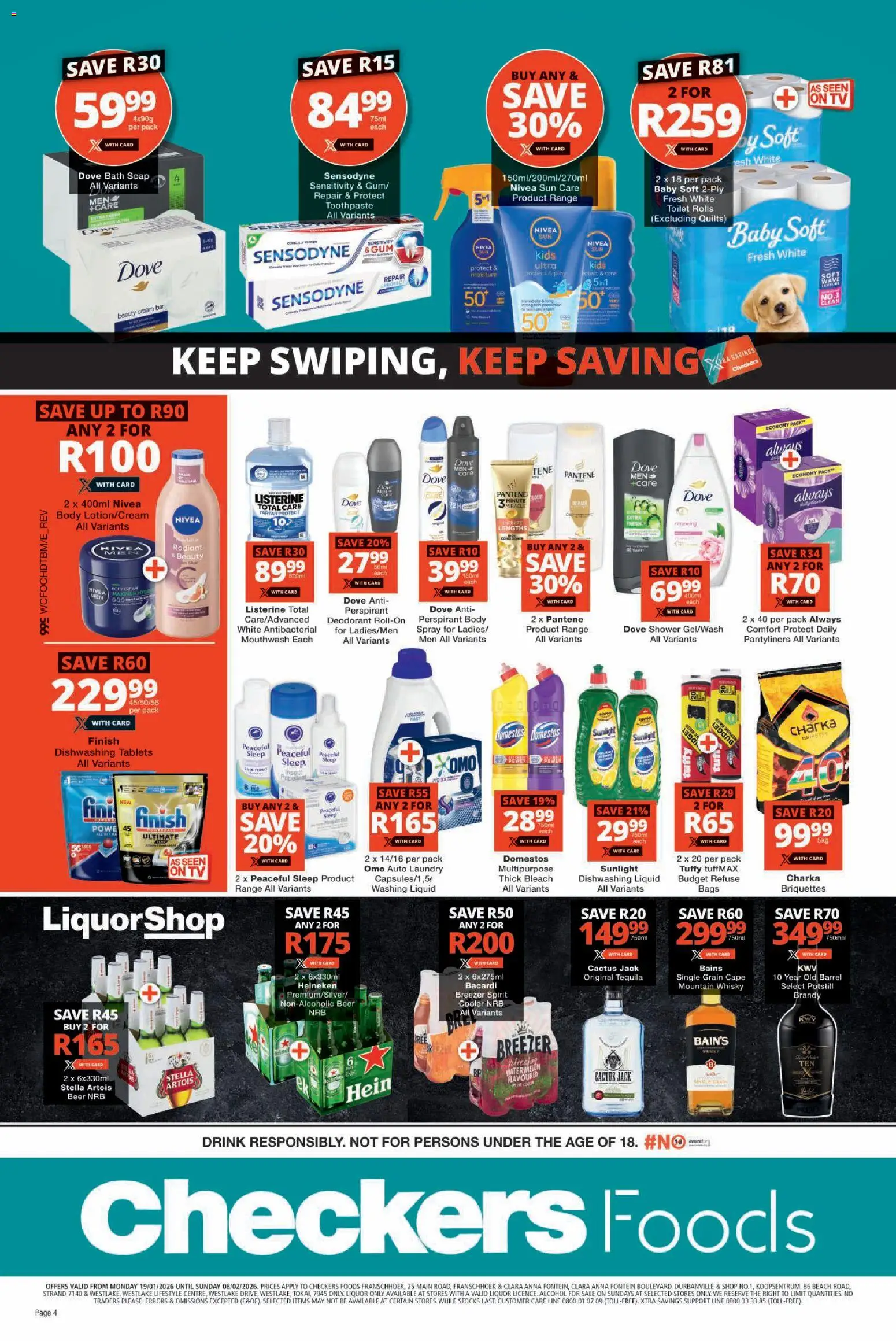 New Checkers catalogue – valid from 19.01.2026 | Page: 4 | Products: Bleach, Beer, Refuse bags, Deodorant