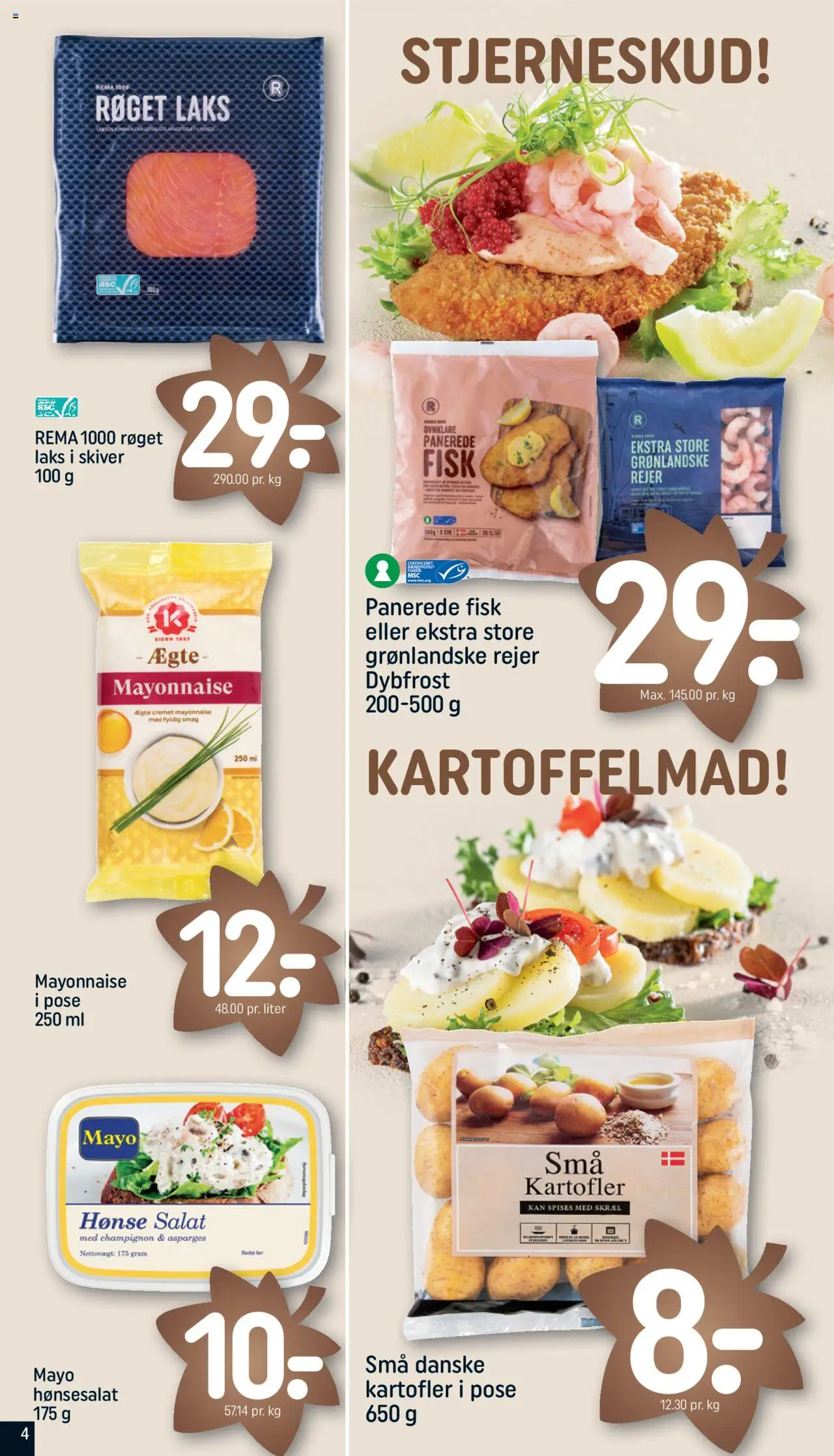 Rema 1000 tilbudsavis – gyldig fra 12.10.2025 | Side: 4 | Produkter: Fisk, Salat, Kartofler, Rejer