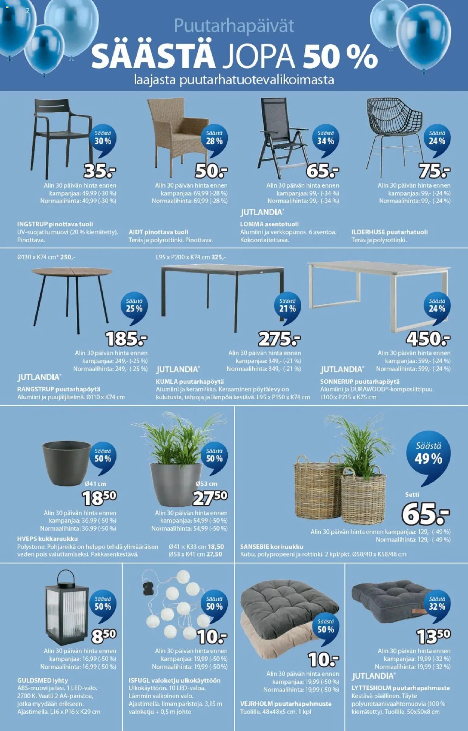 JYSK - Tarjoukset – voimassa 19.03.2026 alkaen | Sivu: 2 | Tuotteet: Lyhty, Tuoli, Kukkaruukku, Pinottava tuoli