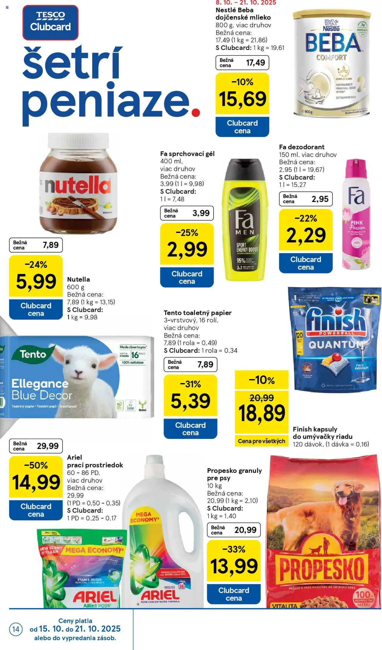 Nové Tesco akcie – leták je platný od 15.10.2025 | Strana: 14 | Produkty: Toaletný papier, Dezodorant, Kapsuly do umývačky riadu, Ariel