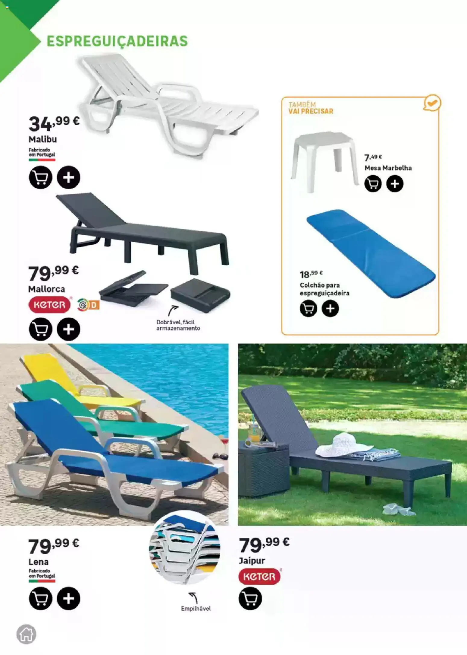 Leroy Merlin Catálogo Jardim │ válido de 12.03.2026 | Página: 32 | Produtos: Colchão, Espreguiçadeira, Mesa