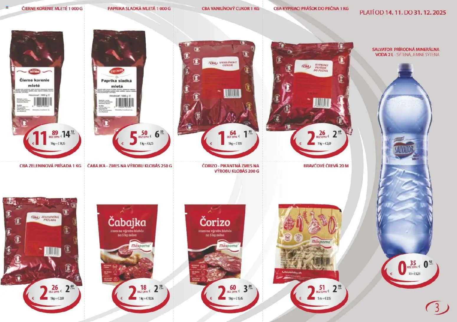 Nové KARMEN CBA akcie – leták je platný od 14.11.2025 | Strana: 3 | Produkty: Čierne korenie, Cukor, Korenie, Minerálna voda