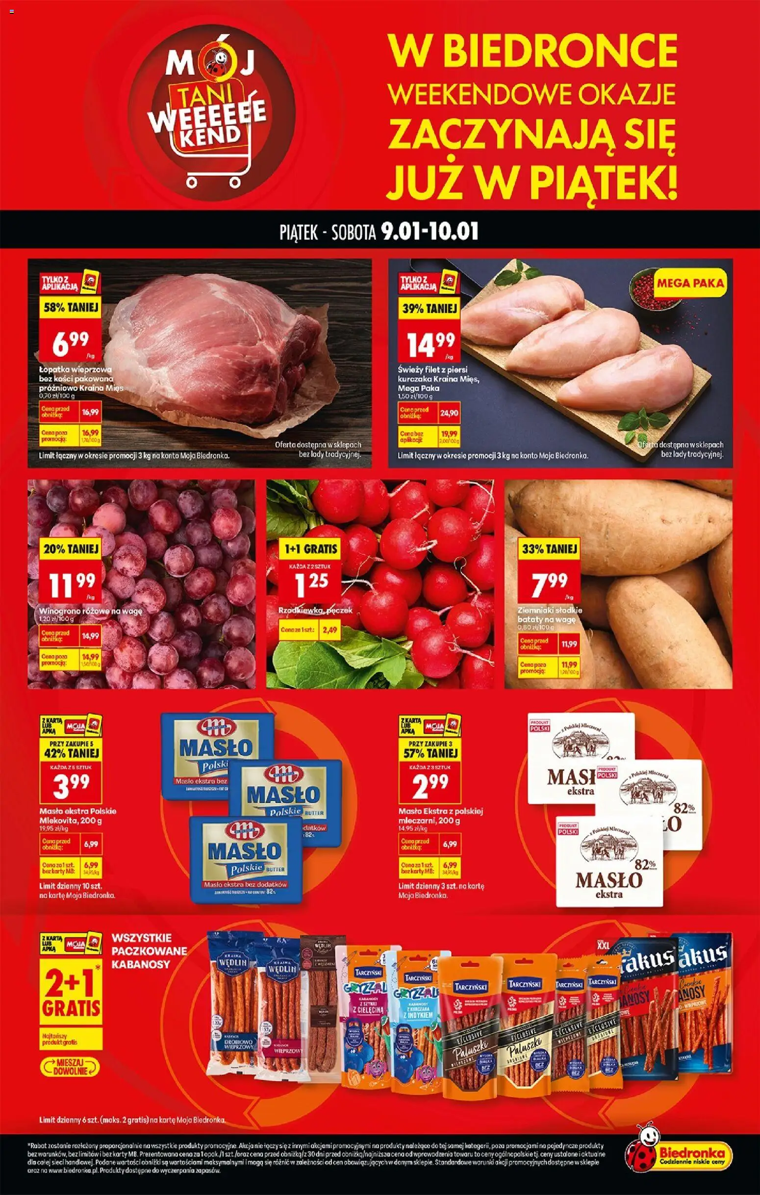 Biedronka gazetka - Tani weekend od 09.01.2026 | Strona: 1 | Produkty: Piersi, Bataty, Łopatka wieprzowa, Masło