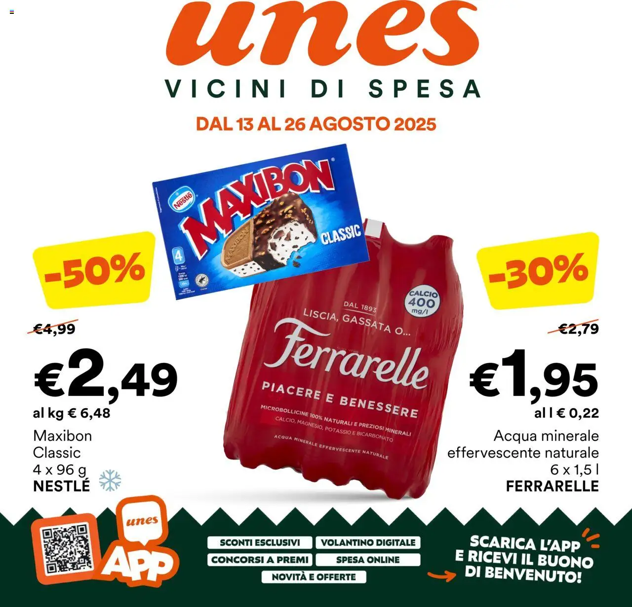 Volantino Unes del 13.08.2025 | Pagina: 1 | Prodotti: Bicarbonato, Acqua, Acqua minerale, Ferrarelle