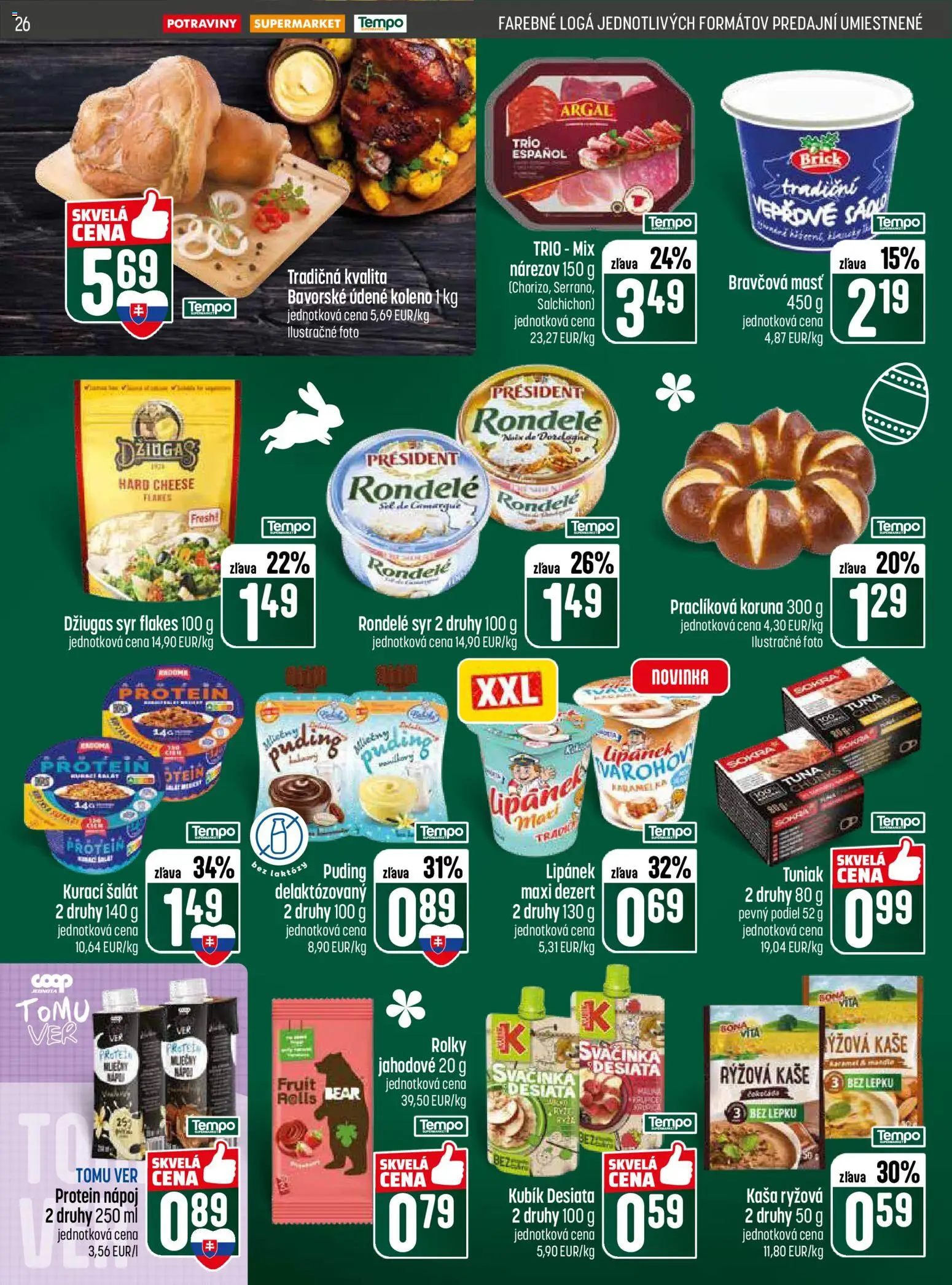 Nové COOP Jednota akcie – leták je platný od 31.03.2026 | Strana: 26 | Produkty: Tuniak, Protein, Puding, Údené koleno