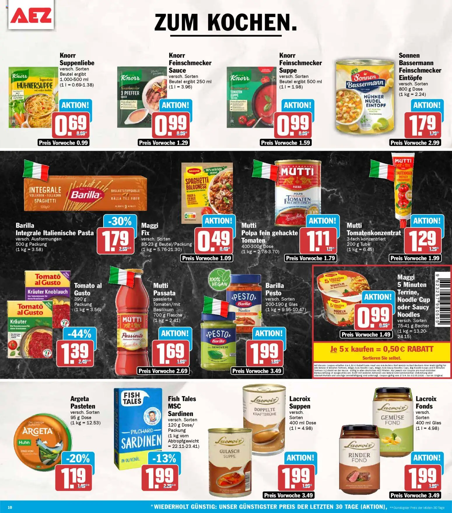 AEZ Prospekt 	 – gültig ab 27.04.2026 | Seite: 10 | Produkte: Barilla, Olivenol, Gulasch, Nudeln