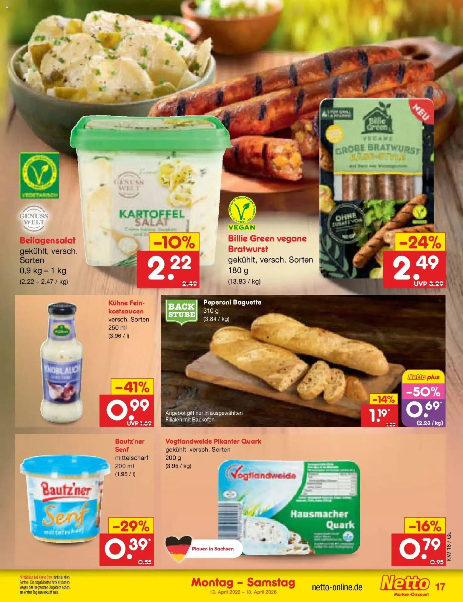 Netto Marken-Discount Prospekt Augustusburg	 – gültig ab 13.04.2026 | Seite: 19 | Produkte: Quark, Bratwurst, Baguette, Salat