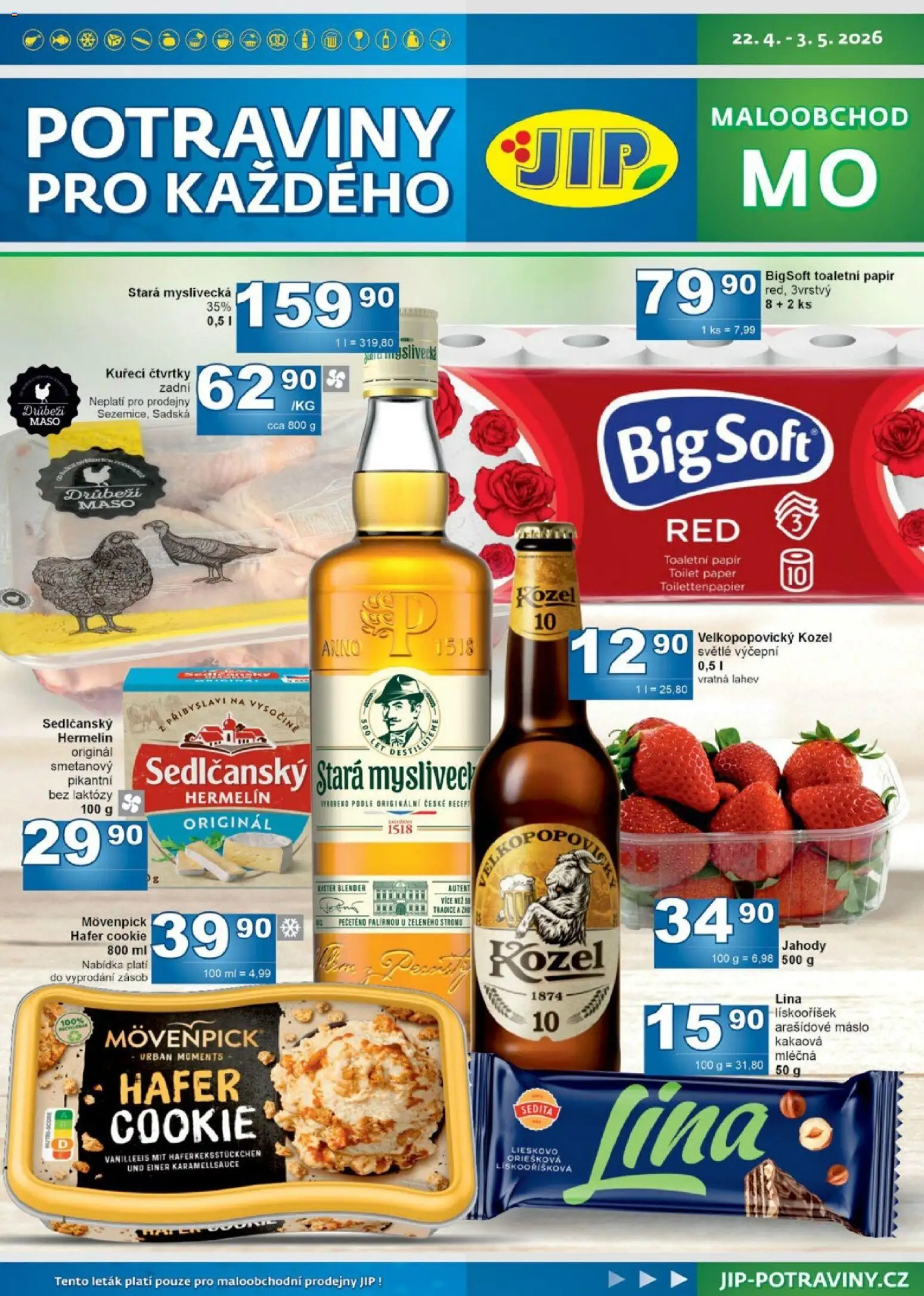 Jip leták od 22.04.2026 | Strana: 1 | Produkty: Hermelín, Stará myslivecká, Maso, Láhev