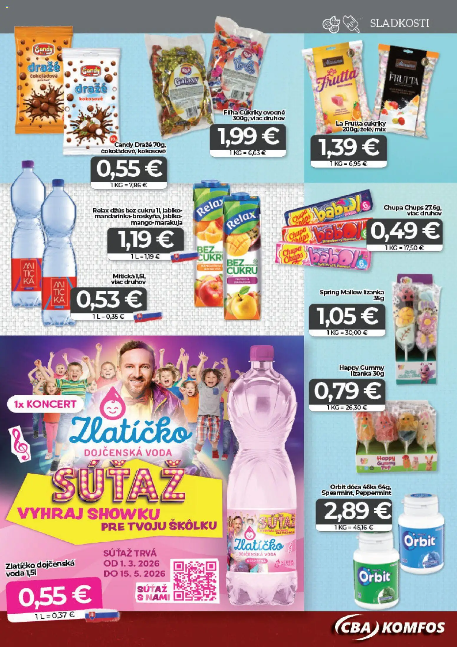 Nové CBA Komfos akcie – leták je platný od 27.03.2026 | Strana: 11 | Produkty: Džús, Cukríky, Voda