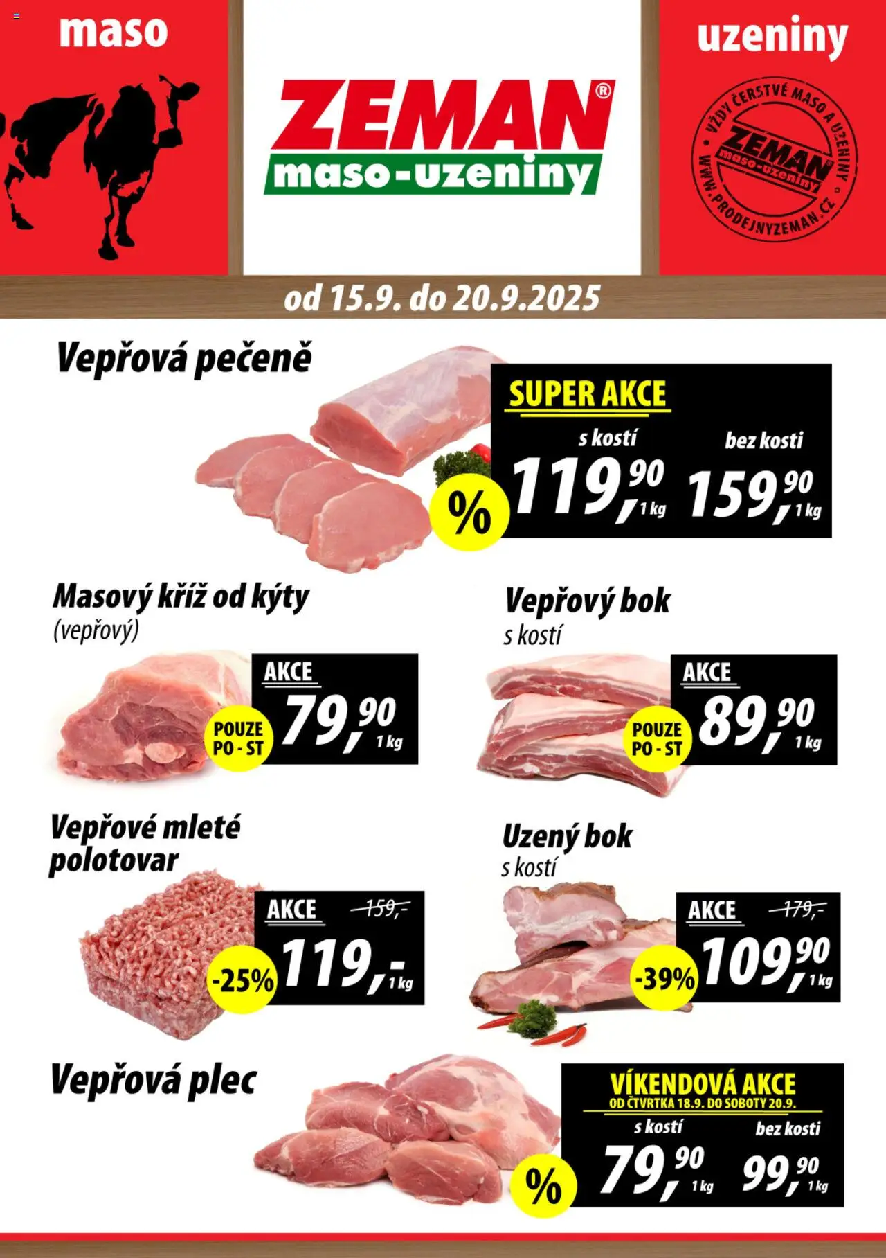 Prodejny Zeman leták od 15.09.2025 | Strana: 1 | Produkty: Vepřová pečeně, Vepřový bok, Maso, Vepřová plec
