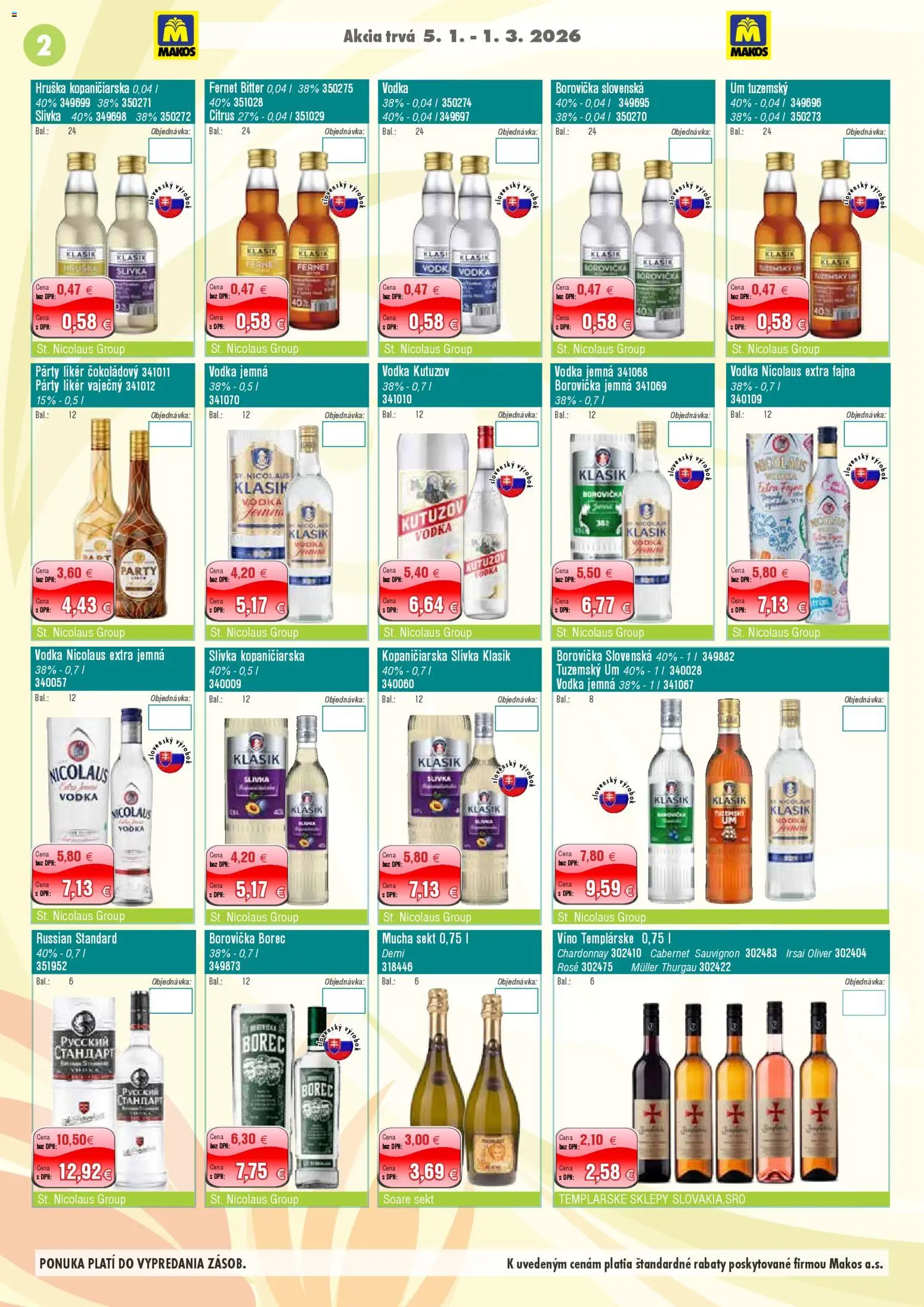 Nové Makos akcie – leták je platný od 05.01.2026 | Strana: 2 | Produkty: Víno, Borovička, Vodka, Fernet