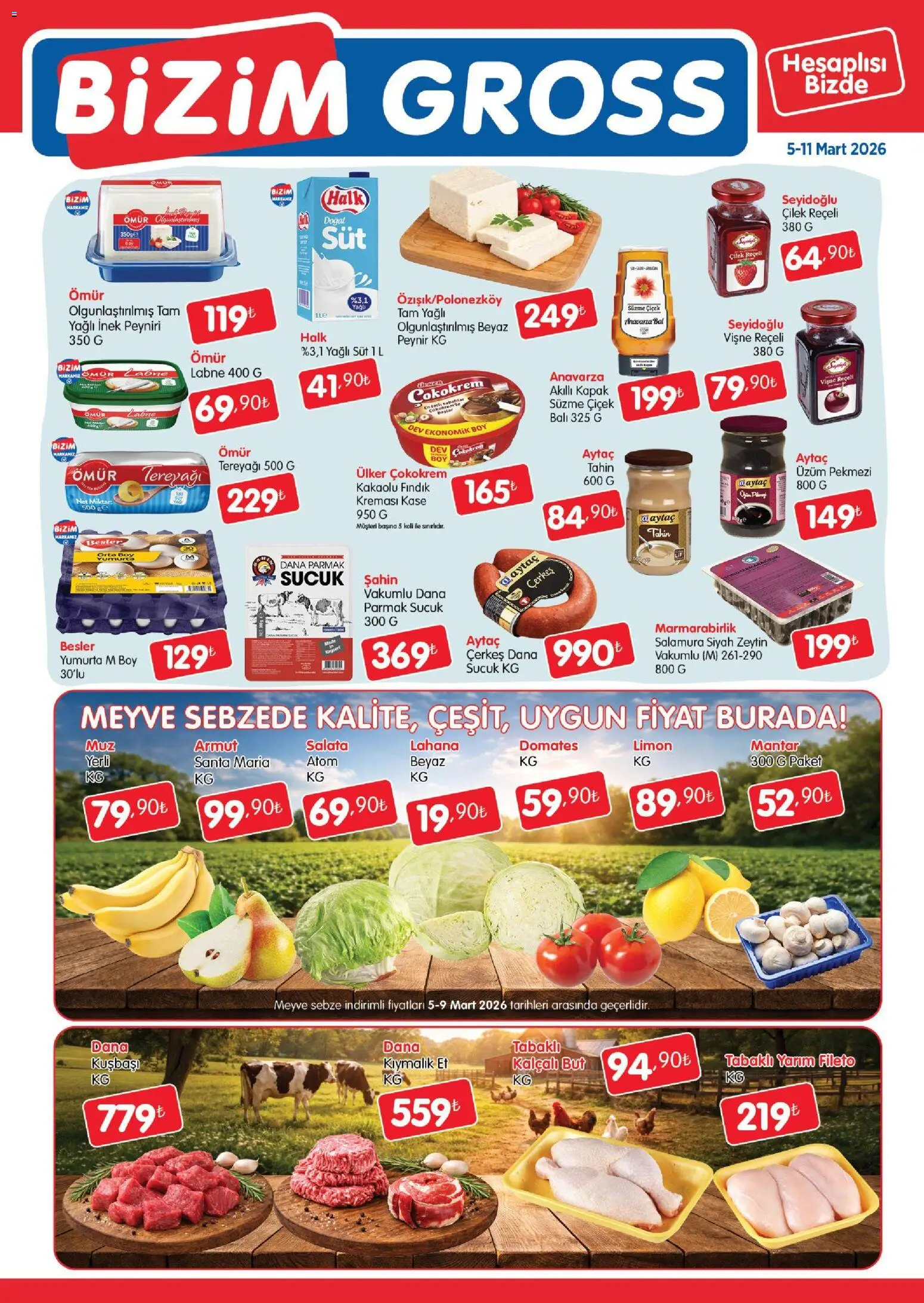 Bizim Toptan - Bizim Gross Fırsat Bülteni - 05.03.2026 tarihinden itibaren geçerlidir | Sayfa: 1 | Ürünler: Kaşe, Peynir, Domates, Zeytin