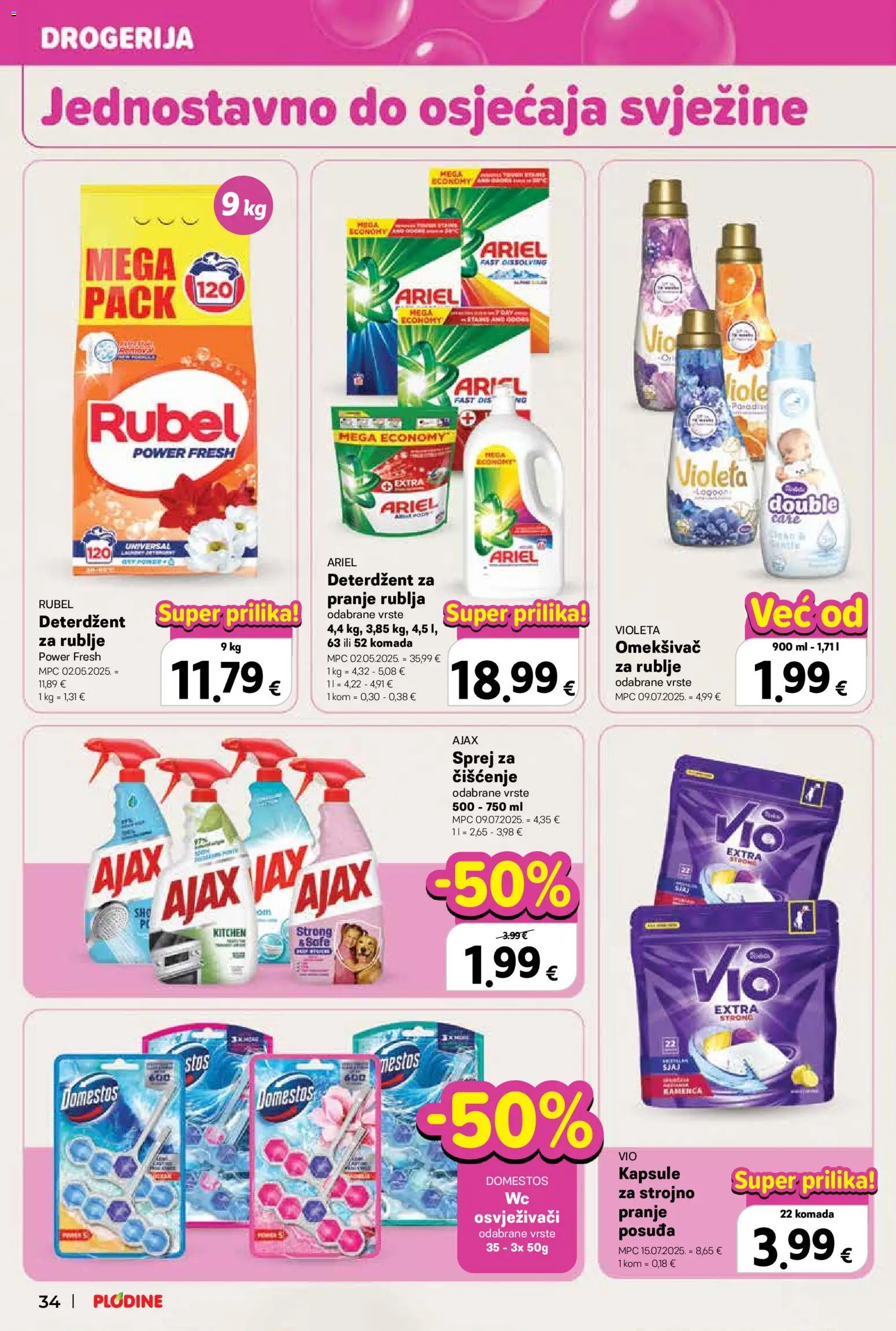 Plodine katalog | vrijedi od 29.10.2025 | Stranica: 34 | Proizvodi: Deterdžent, Domestos, Violeta, Ariel