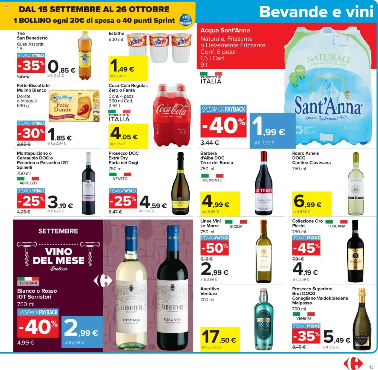 Volantino Carrefour del 15.09.2025 | Pagina: 13 | Prodotti: Acqua, Fanta, Bottiglia, Pecorino