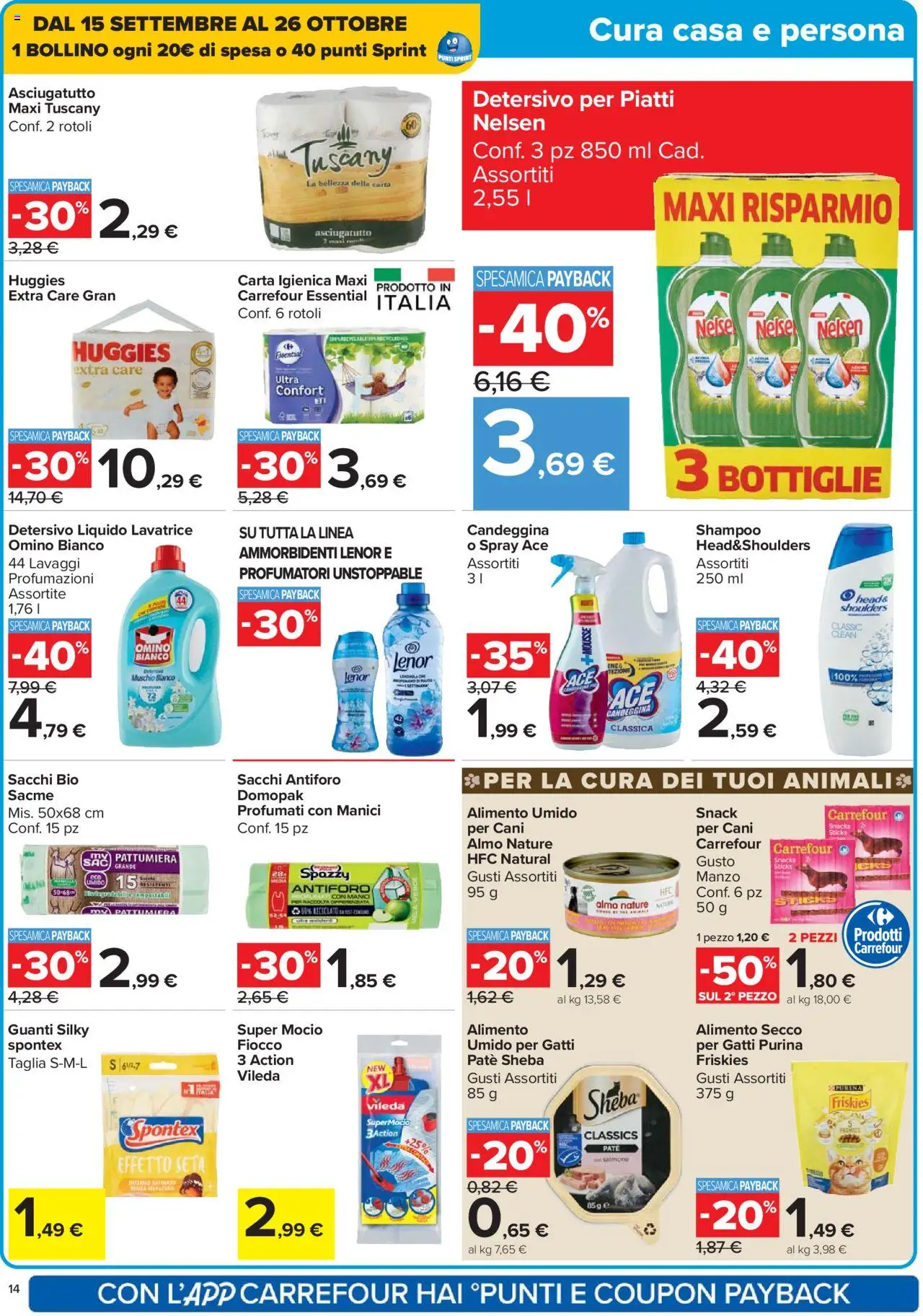 Volantino Carrefour del 15.09.2025 | Pagina: 14 | Prodotti: Paté, Candeggina, Mocio, Lavatrice