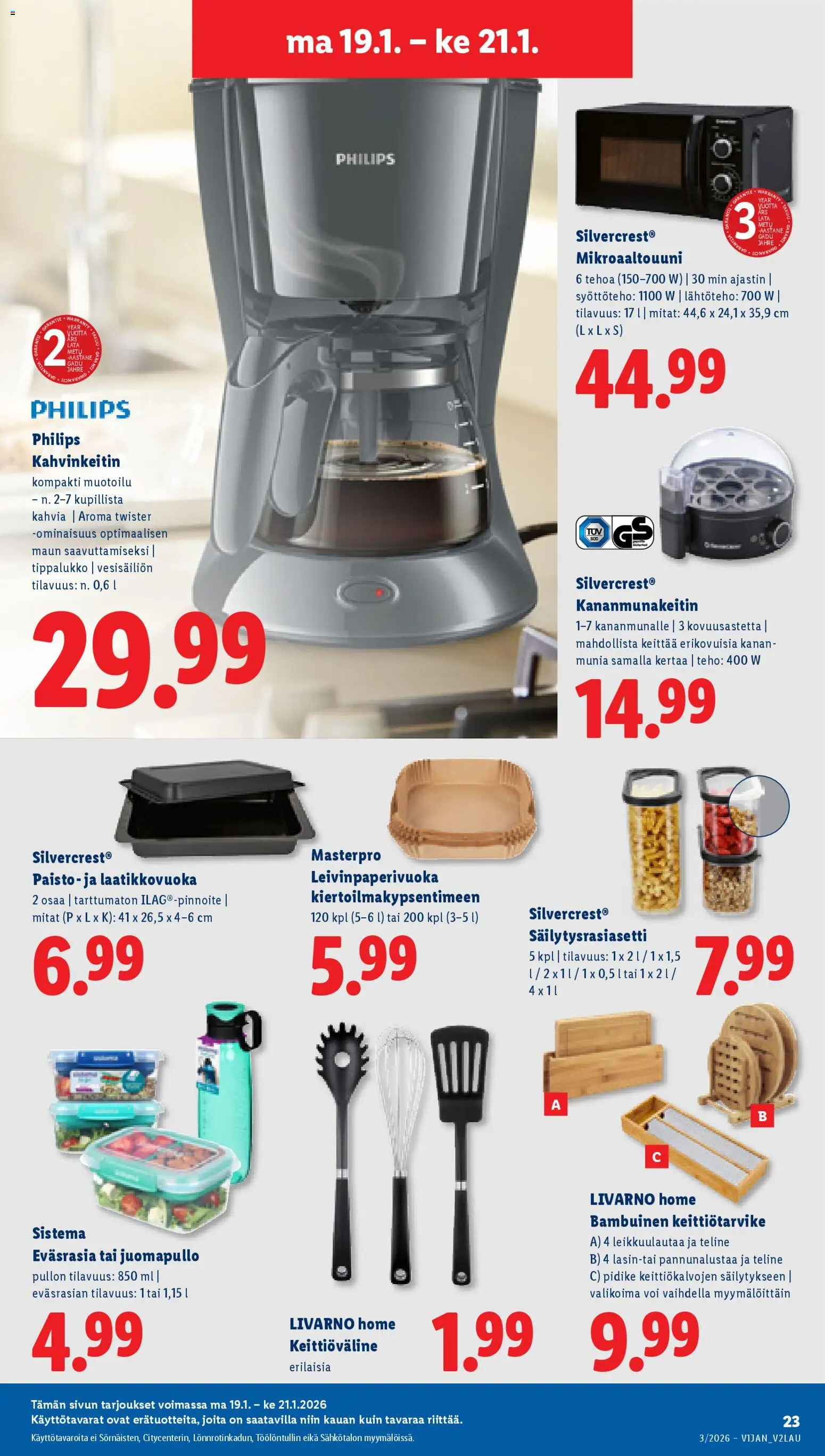 Lidl tarjoukset - Tampere – voimassa 15.01.2026 alkaen | Sivu: 29 | Tuotteet: Mikroaaltouuni, Kahvinkeitin, Voi