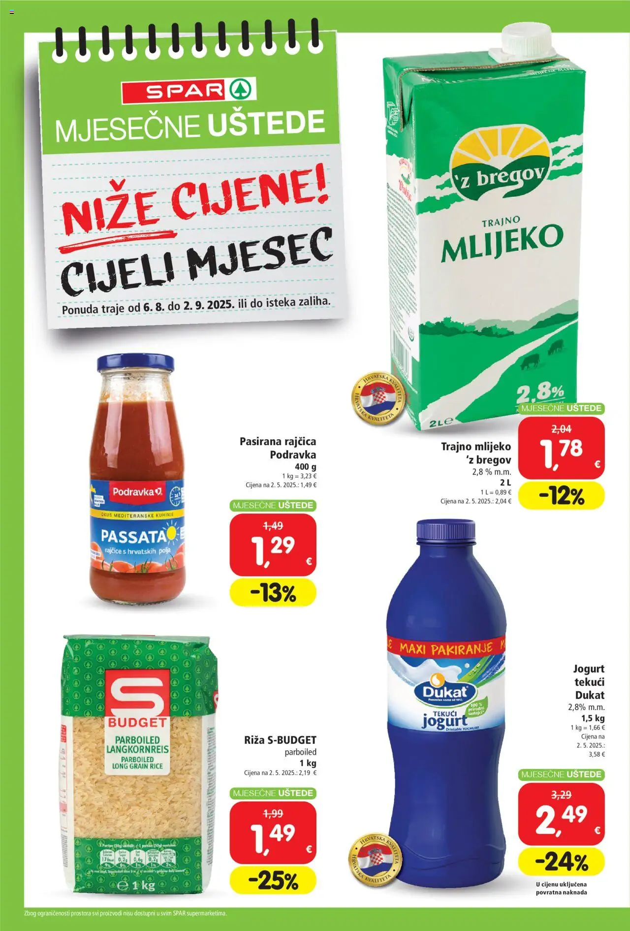 Spar katalog | vrijedi od 06.08.2025 | Stranica: 2 | Proizvodi: Mlijeko, Rajčice, Riža, Rajčica