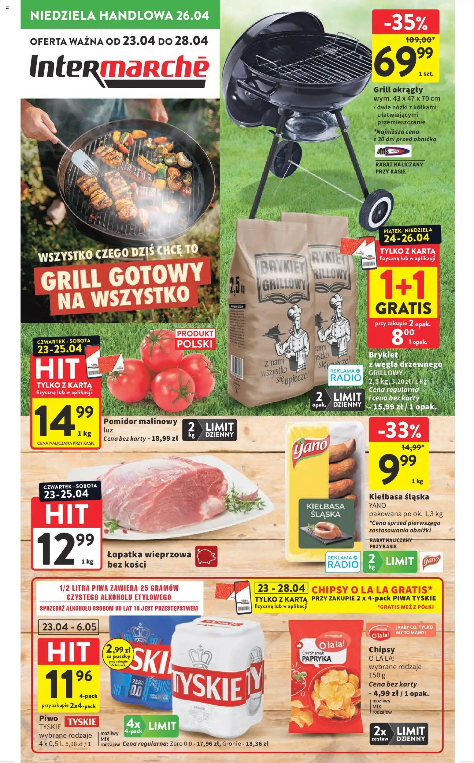 Intermarche gazetka od 23.04.2026 | Strona: 1 | Produkty: Radio, Grill, Kiełbasa śląska, Łopatka wieprzowa