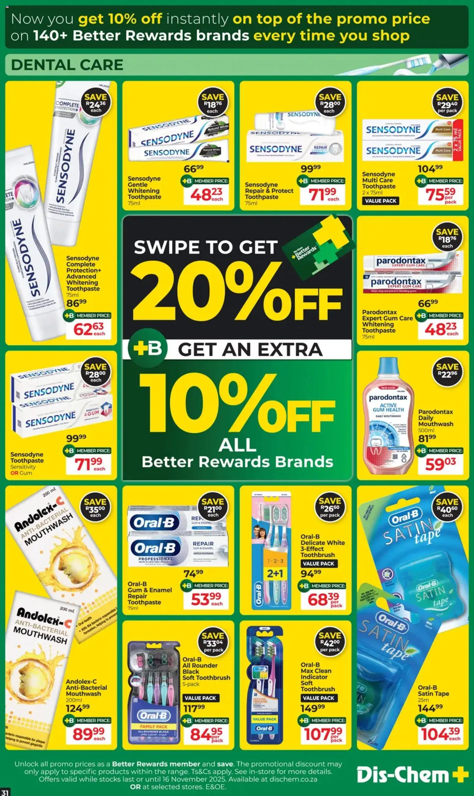 New Dis-Chem catalogue – valid from 21.10.2025 | Page: 31 | Products: Toothpaste, Mouthwash, Tape, Toothbrush