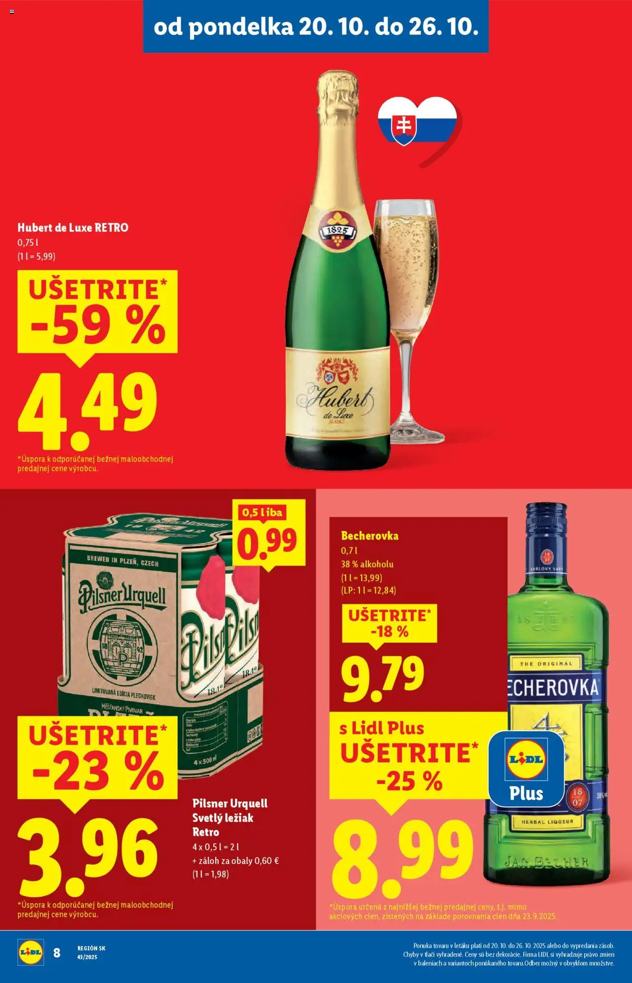 Nové Lidl akcie – leták je platný od 20.10.2025 | Strana: 10 | Produkty: Becherovka, Pilsner Urquell, Hubert de Luxe