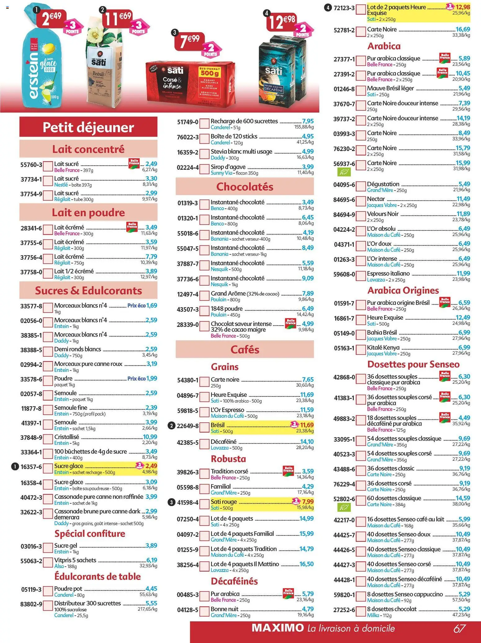 {H1} | Page: 67 | Produits: Senseo, Sucre glace, Poudre, Semoule