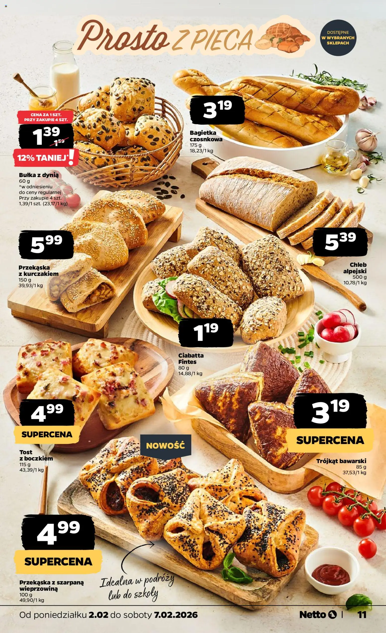 Netto gazetka - Spożywcza od 02.02.2026 | Strona: 11 | Produkty: Bułka, Chleb, Wieprzowina, Ciabatta