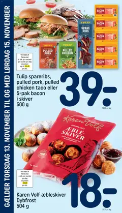Tulip spareribs, pulled pork, pulled chicken taco eller 5-pak bacon i skiver, Tulip spareribs, pulled pork, pulled chicken taco or 5-pack bacon in slices 500 g gyldig fra 09.11.2025 | Side: 26