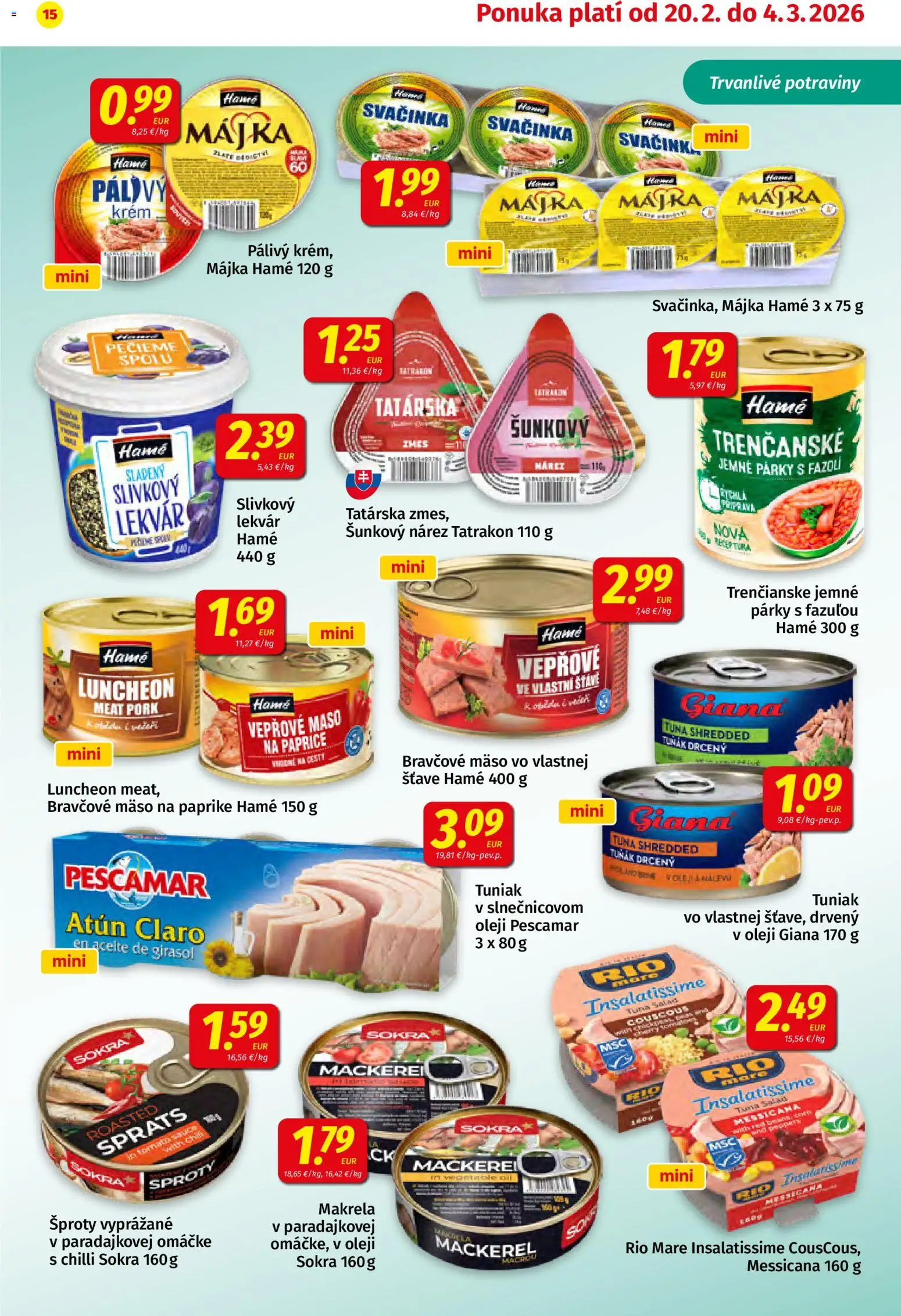Nové Koruna akcie – leták je platný od 20.02.2026 | Strana: 15 | Produkty: Tuniak, Chilli, Bravčové mäso, Krém