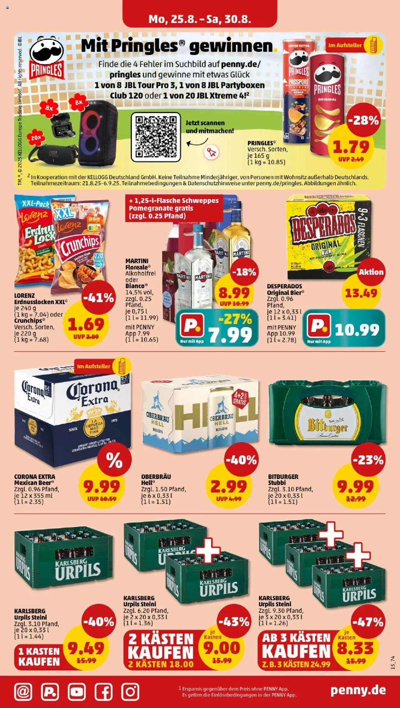 Penny - Saarland - gültig ab dem 25.08.2025 | Seite: 13 | Produkte: Martini, Schweppes, Desperados, Pringles