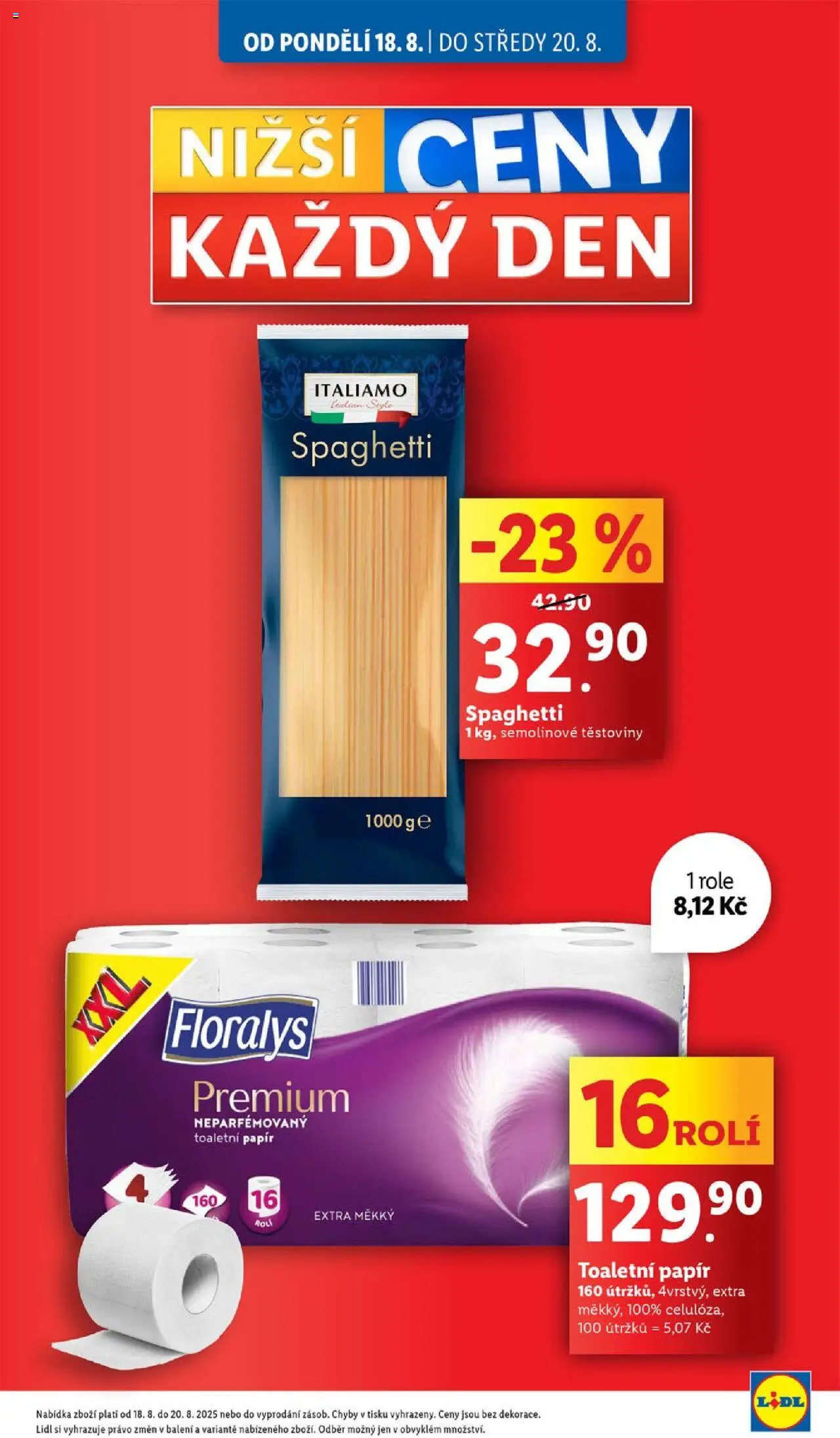 Lidl leták od 18.08.2025 | Strana: 5 | Produkty: Těstoviny, Toaletní papír, Semolinové těstoviny