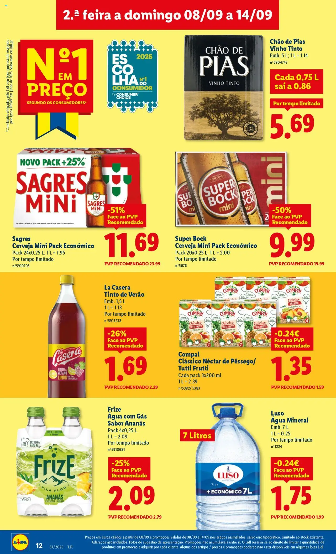 Lidl folheto │ válido de 08.09.2025 | Página: 12 | Produtos: Vinho, Cerveja, Água com gás, Água mineral