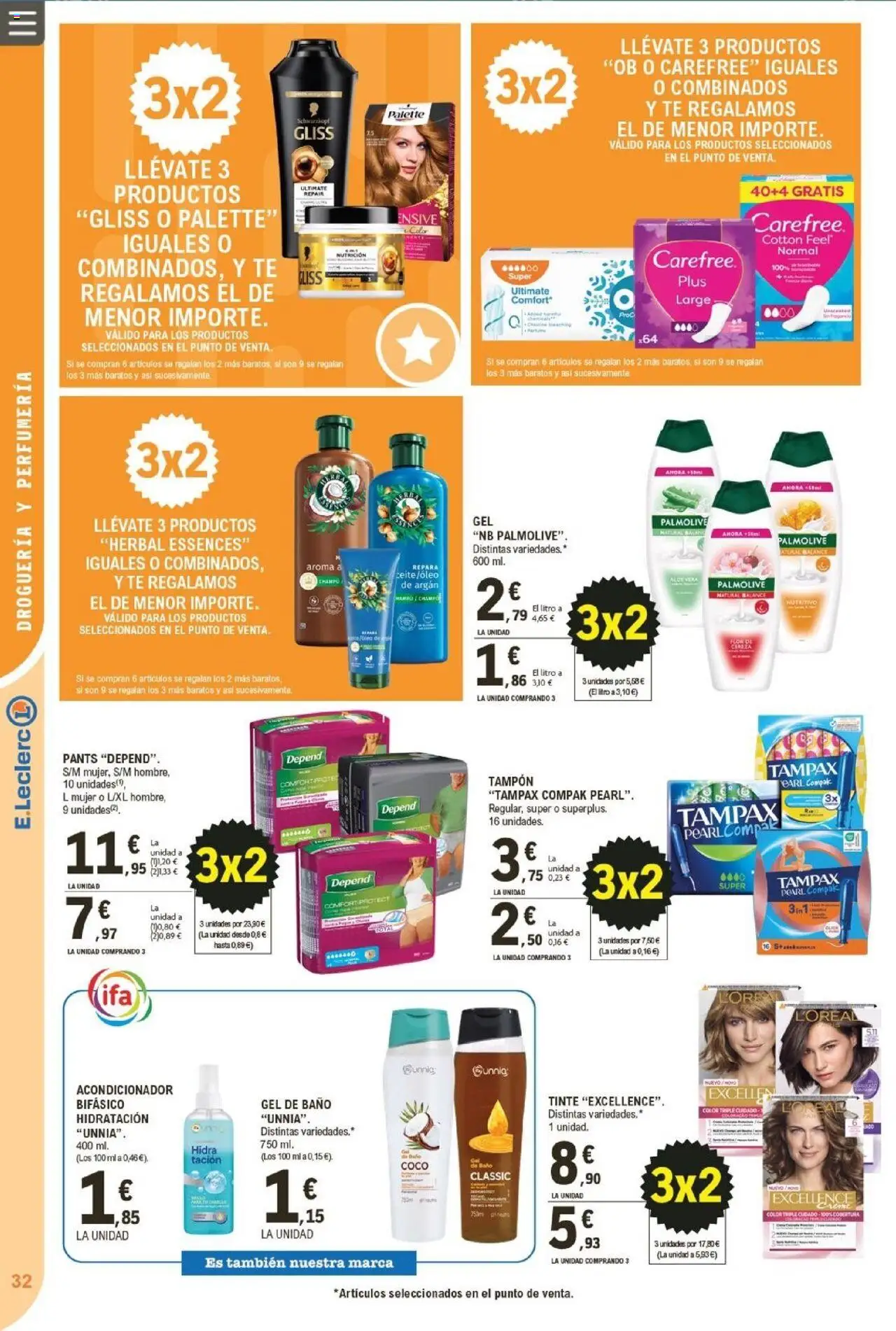 E.Leclerc folleto │ válido desde el 22.10.2025 | Página: 32 | Productos: Tinte, Acondicionador, Té, Baño