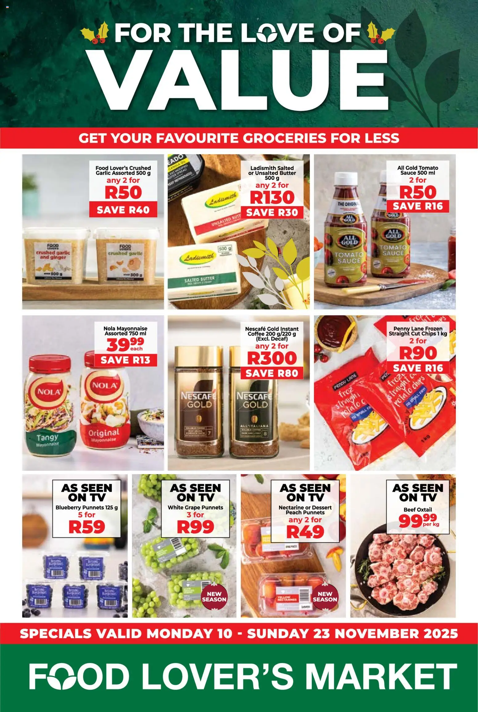 New Food Lover's Market catalogue – valid from 10.11.2025 | Page: 1 | Products: TV, Butter, Mayonnaise, Peach