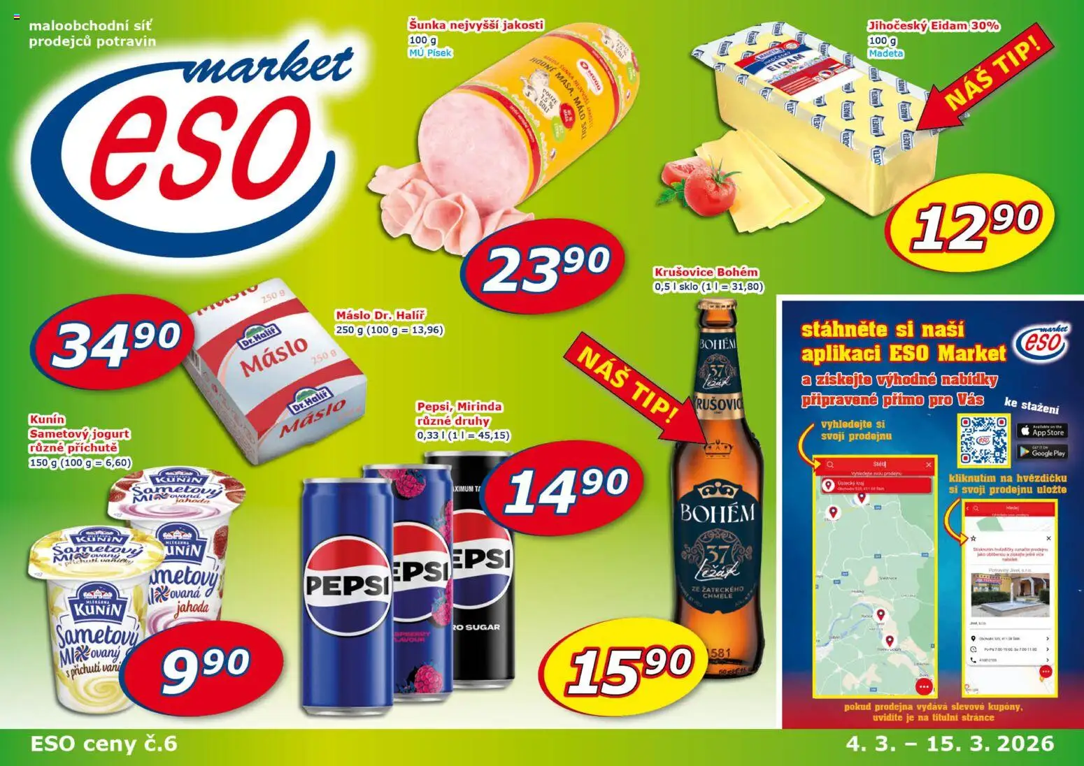 Eso market leták od 04.03.2026 | Strana: 1 | Produkty: Šunka, Síť, Písek, Krušovice