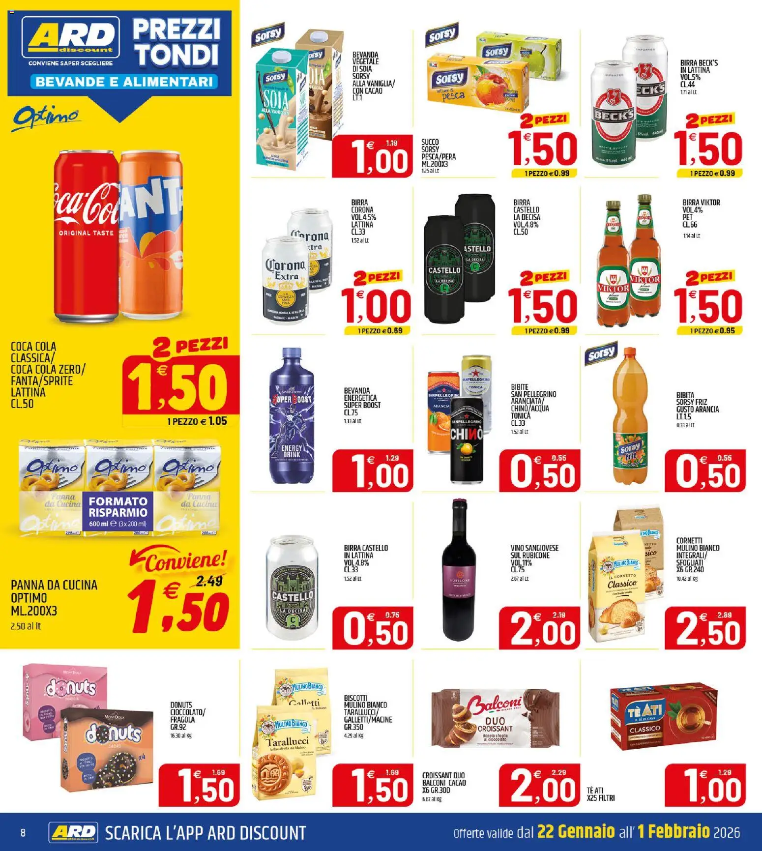 Volantino ARD Discount del 22.01.2026 | Pagina: 8 | Prodotti: Birra, Vino, Bibita, Coca Cola