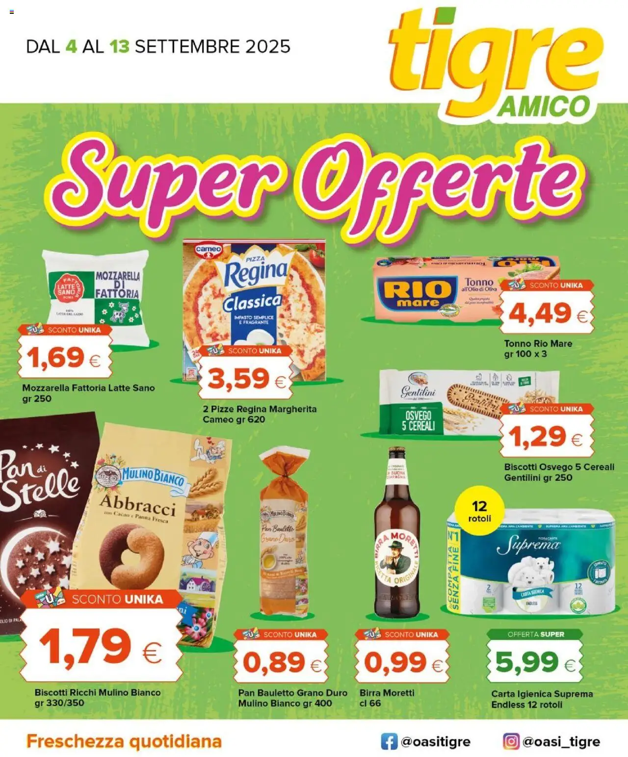 Volantino Tigre del 04.09.2025 | Pagina: 1 | Prodotti: Carta igienica, Cereali, Birra Moretti, Cacao