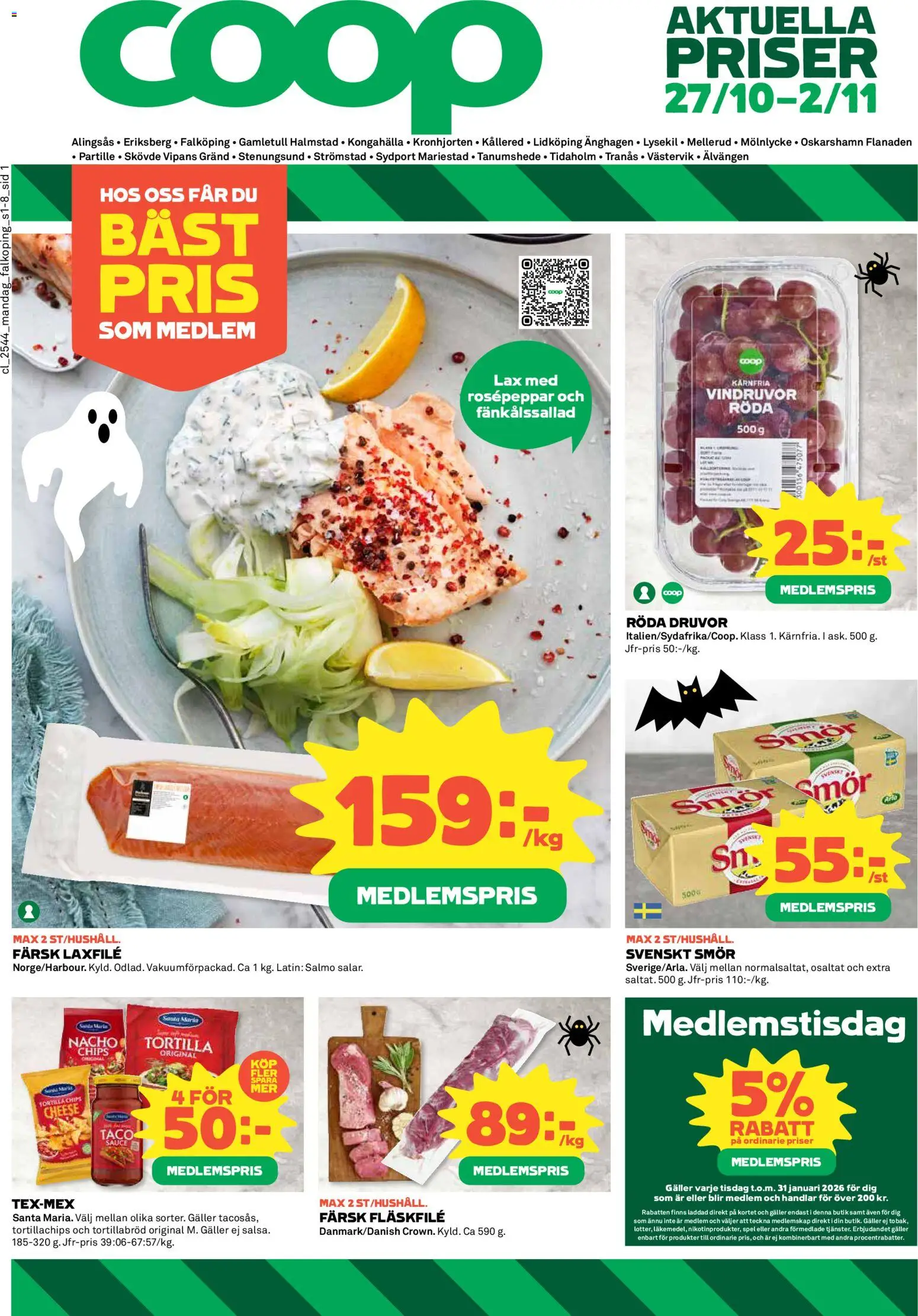Coop reklamblad aktuell från 27.10.2025 | Sida: 1 | Produkter: Tortilla, Tortillachips, Galler, Smör