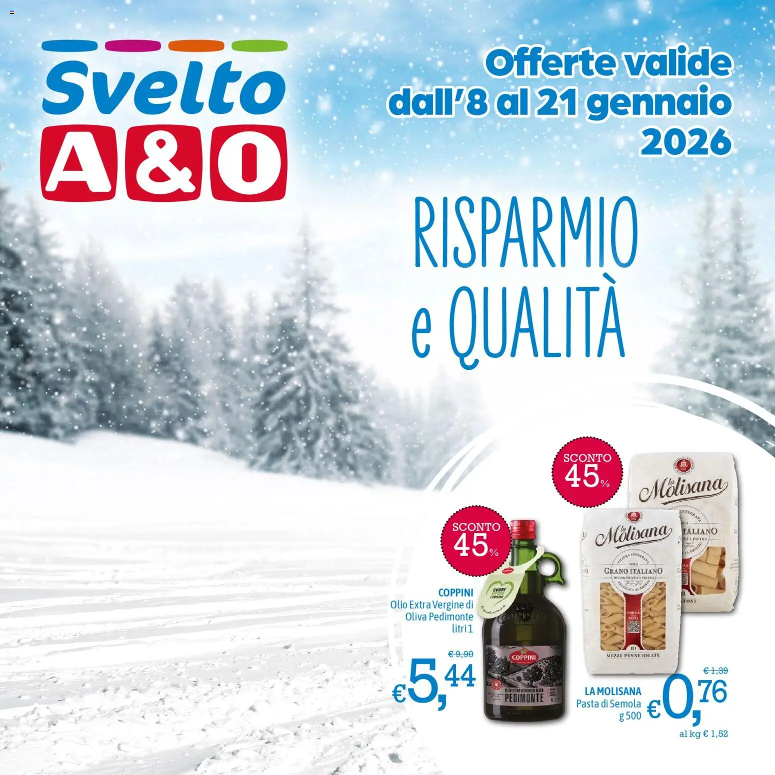 Volantino A&O del 08.01.2026 | Pagina: 1 | Prodotti: Olio, Pasta, Olio extra vergine, Penne