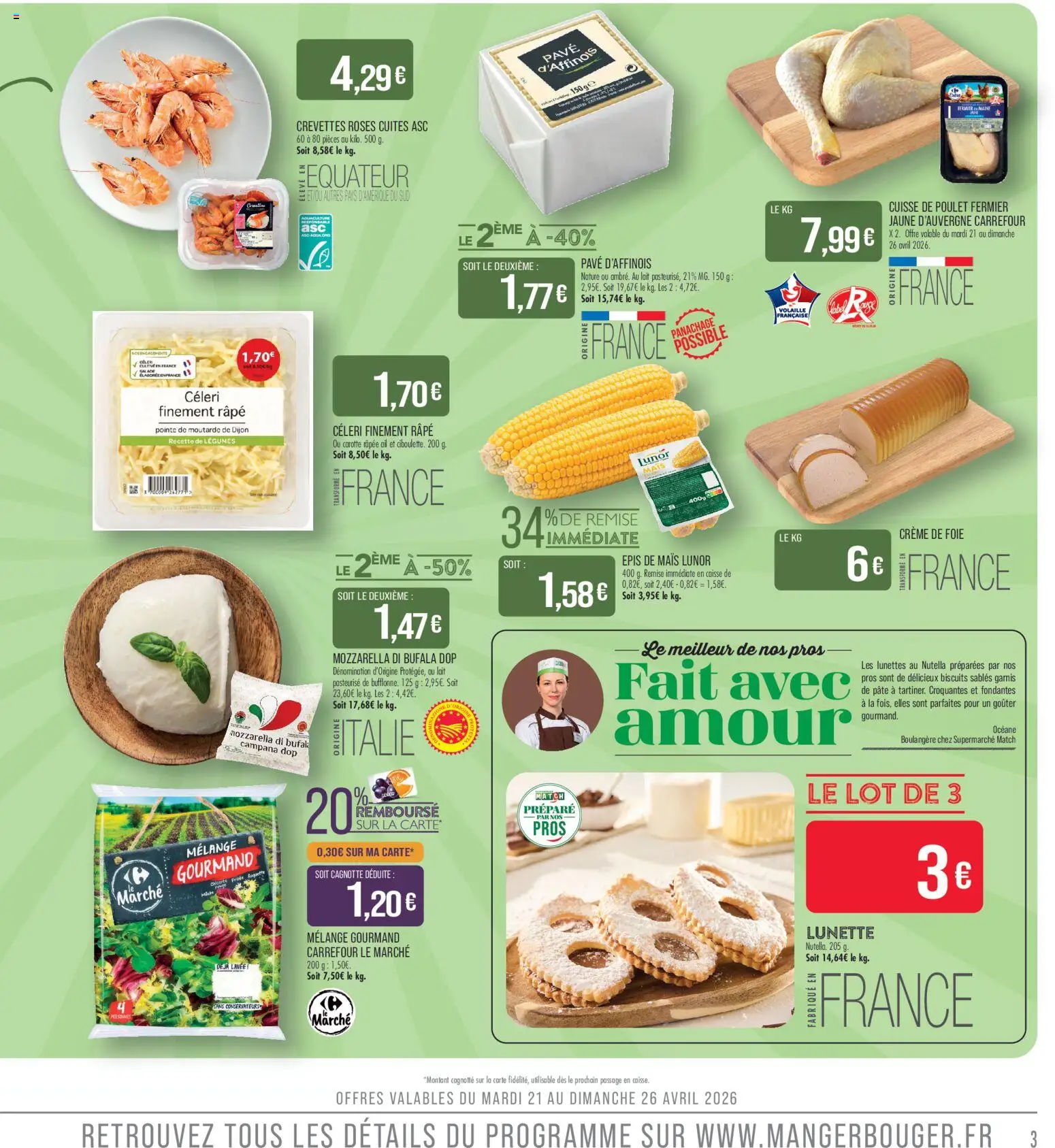 {H1} | Page: 3 | Produits: Crevettes, Mozzarella, Moutarde, Biscuits