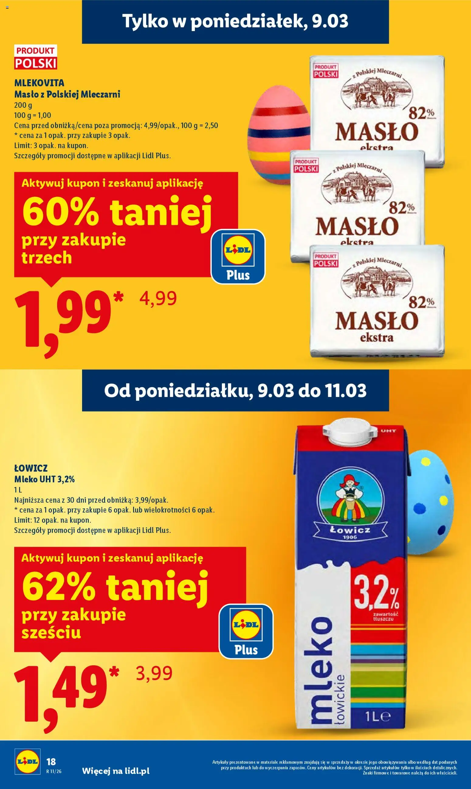 Lidl gazetka od 09.03.2026 | Strona: 18 | Produkty: Mleko, Masło, Mleko łowickie