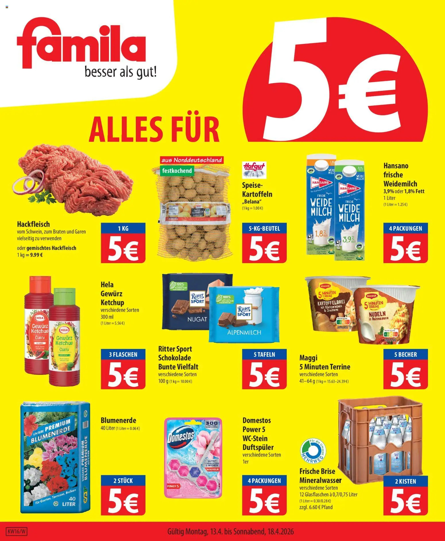 Famila Prospekt 	 – gültig ab 13.04.2026 | Seite: 1 | Produkte: Schokolade, Mineralwasser, Kartoffeln, Ketchup