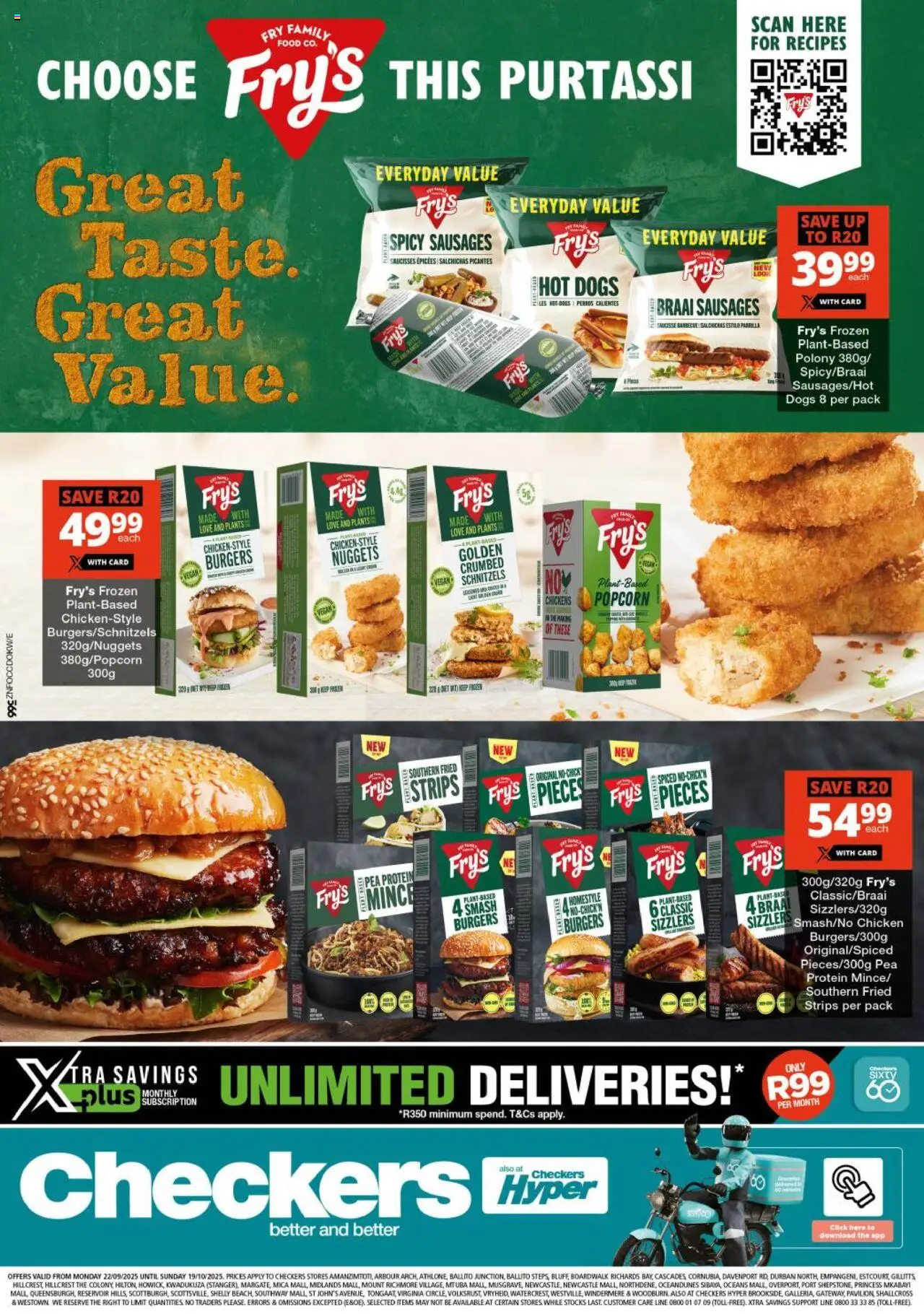 New Checkers catalogue – valid from 22.09.2025 | Page: 1 | Products: Detergente líquido, Chicken, Burgers, Pea