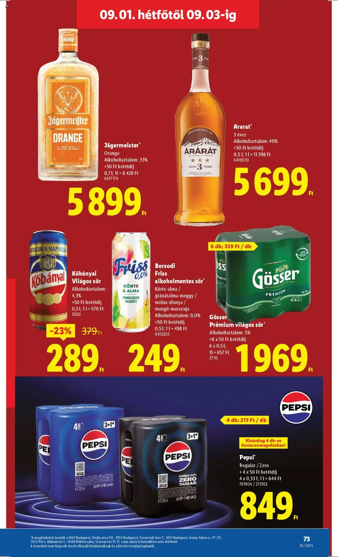 Lidl akciós ujság - amely érvényes a következő dátumtól: 28.08.2025 | Oldal: 73 | Termékek: Pepsi, Brandy, Sör, Alma