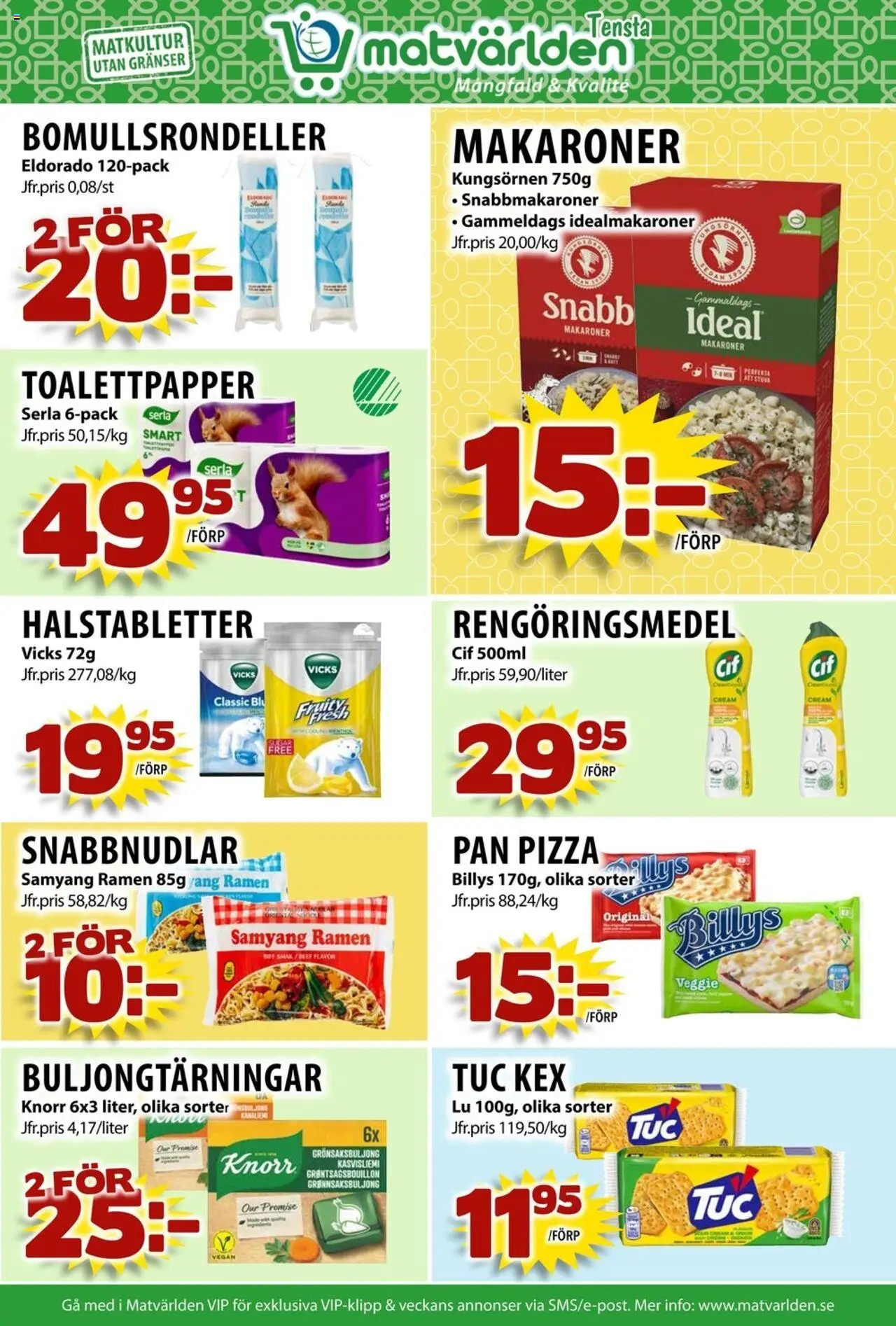 Matvärlden reklamblad aktuell från 20.10.2025 | Sida: 7 | Produkter: Halstabletter, Toalettpapper, Makaroner, Pizza