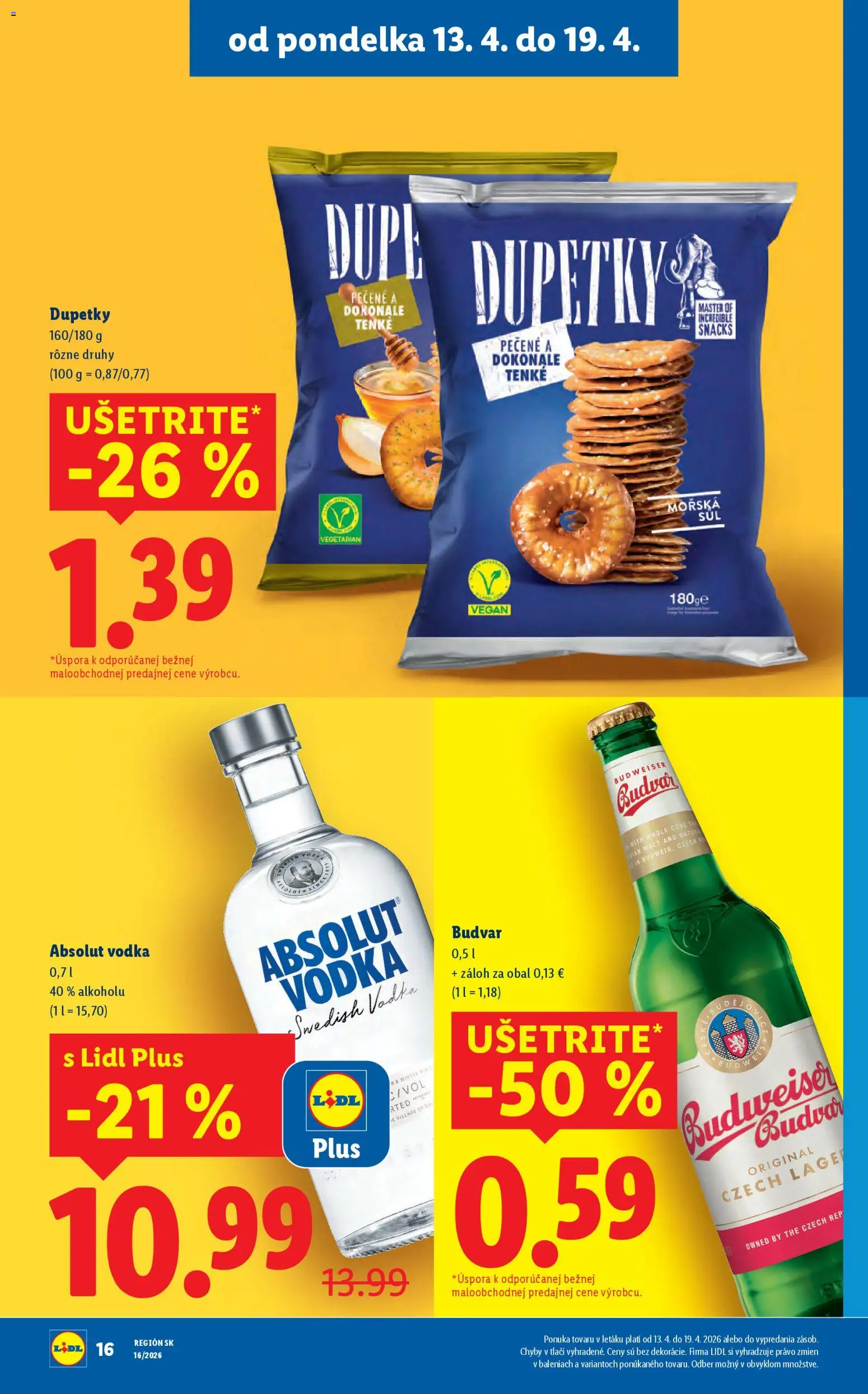 Nové Lidl akcie – leták je platný od 13.04.2026 | Strana: 18 | Produkty: Budvar, Vodka, Absolut vodka