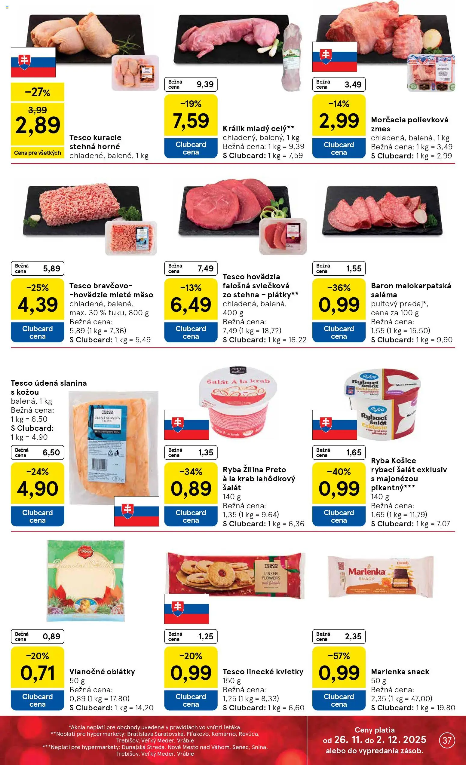 Nové Tesco akcie – leták je platný od 26.11.2025 | Strana: 37 | Produkty: Saláma, Slanina, Ryba, Mleté mäso