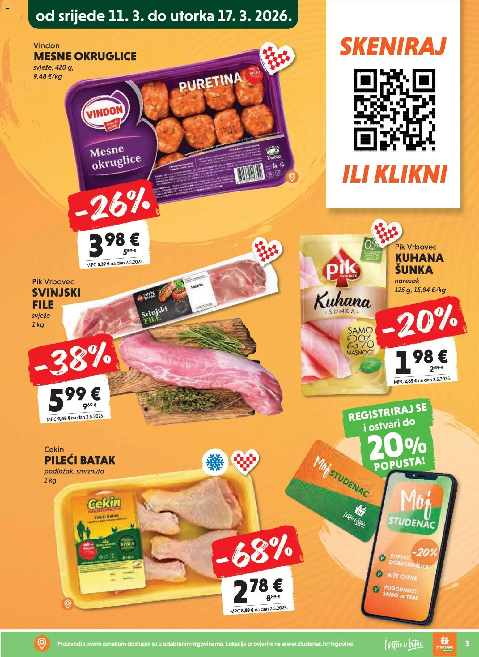 Studenac katalog | vrijedi od 11.03.2026 | Stranica: 3 | Proizvodi: Puretina, Meso, Šunka, Narezak