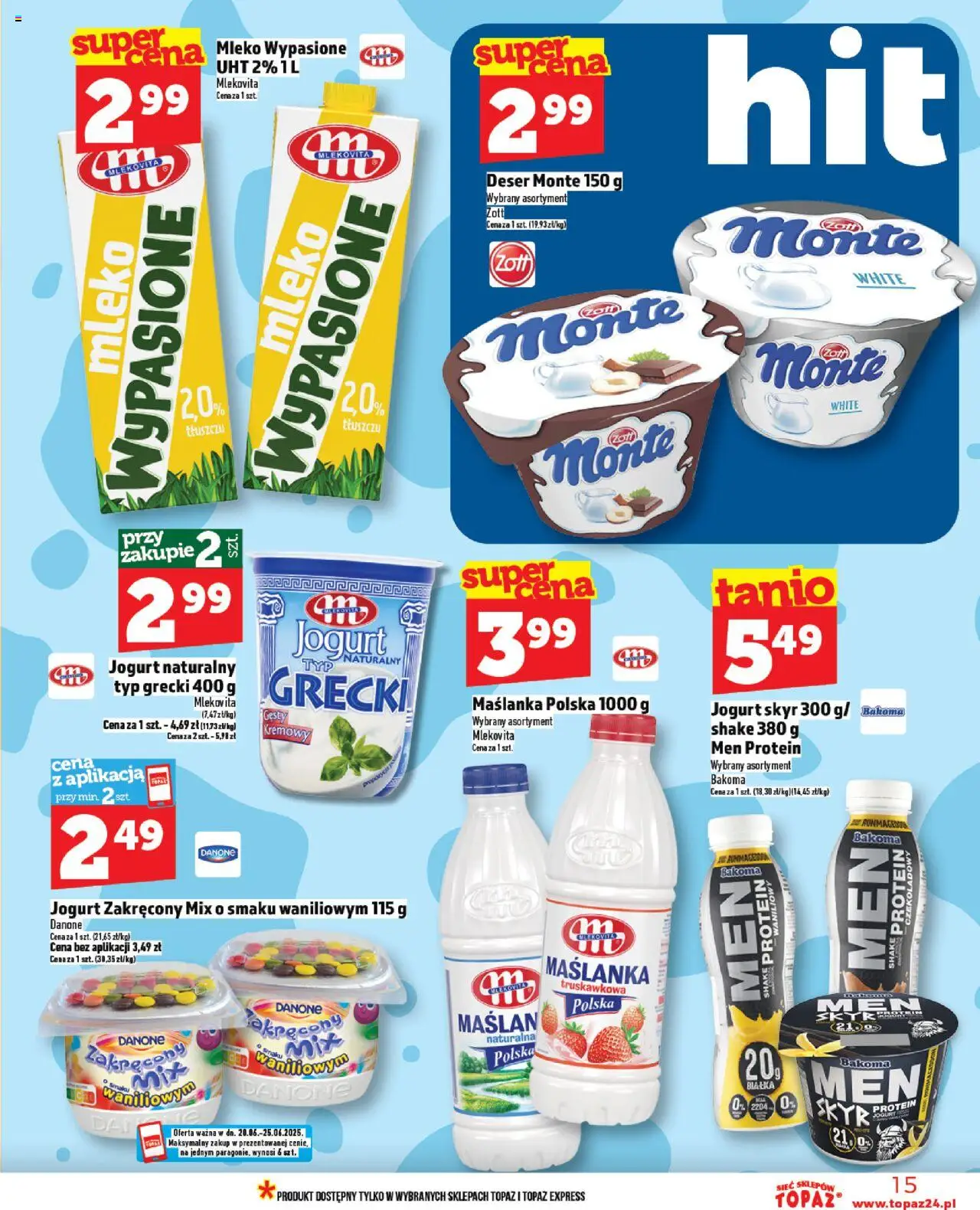 Topaz Gazetka od 20.06.2025 | Strona: 15 | Produkty: Mleko wypasione, Mleko, Jogurt, Skyr